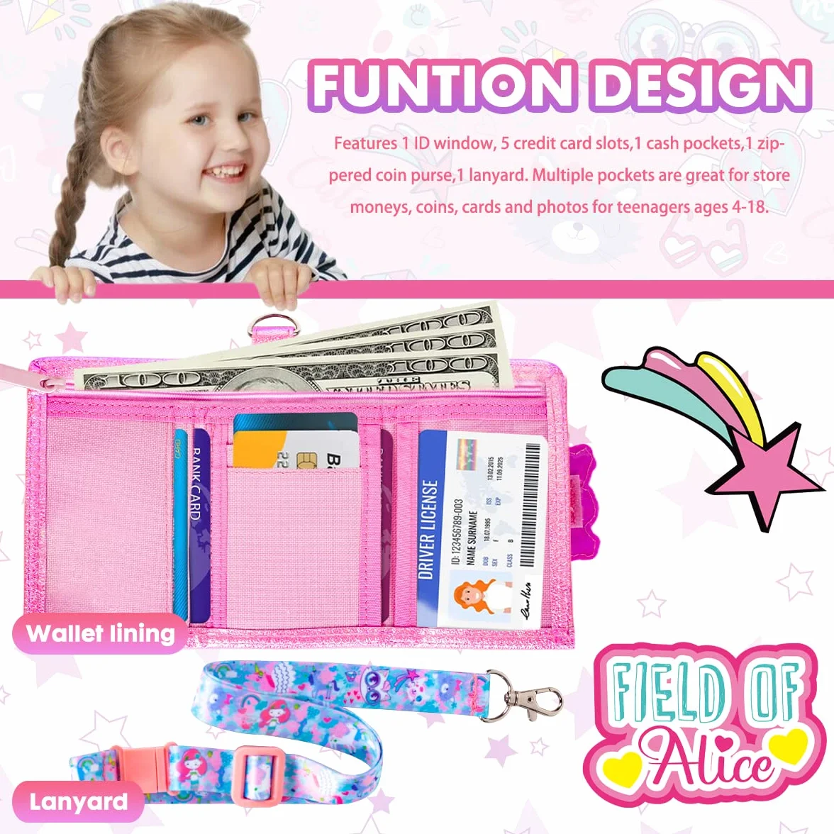 Portefeuille Filles 4-18 Ans avec Lanière et Porte-Cartes, Porte-Monnaie Fantaisie Cadeau Enfants