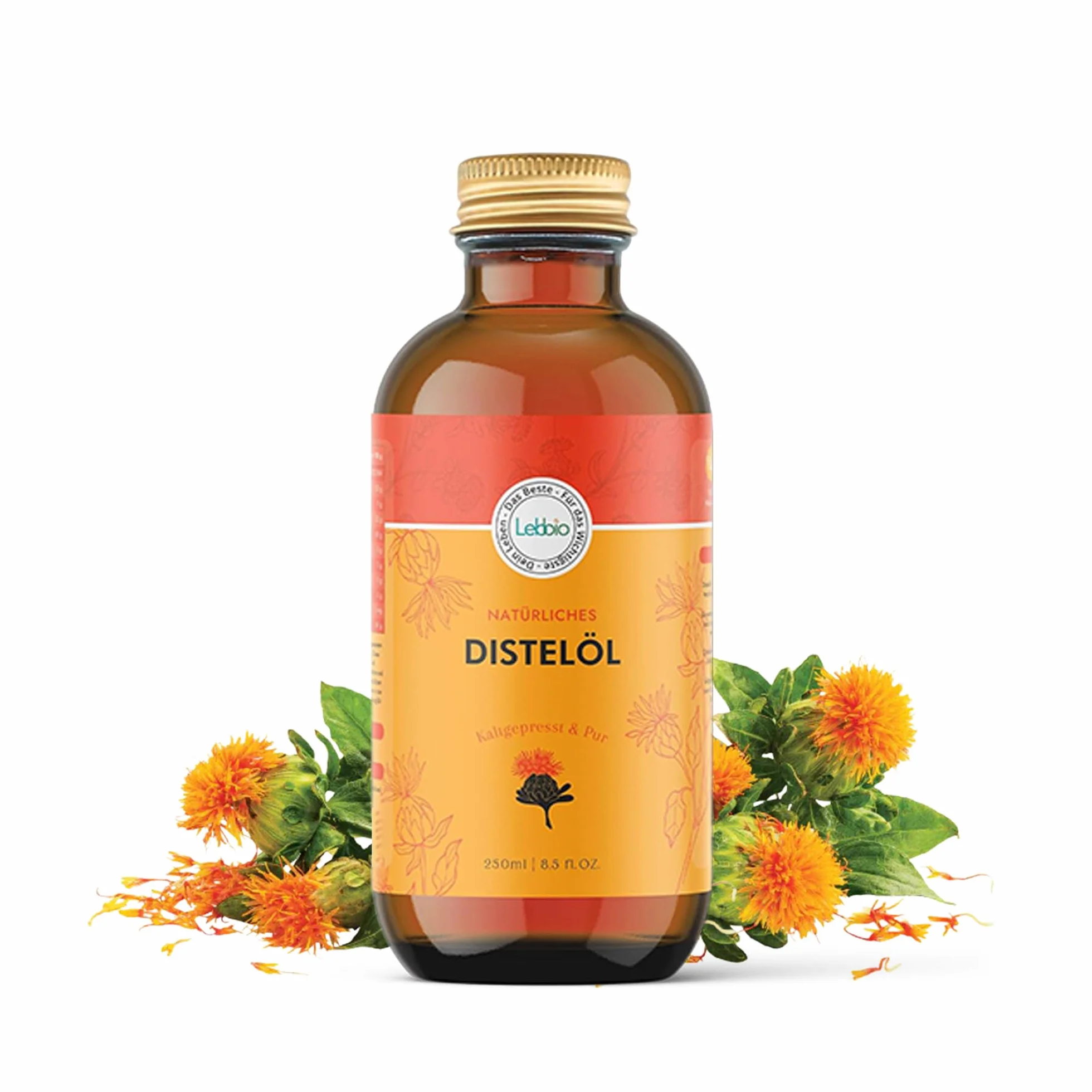 Lebbio Huile de carthame 250 ml [100 % naturelle et pressée à froid] Native, riche en vitamine E naturelle, 100 % végétale, végétalienne, végétarienne, bouteille en verre, convient pour l'alimentation