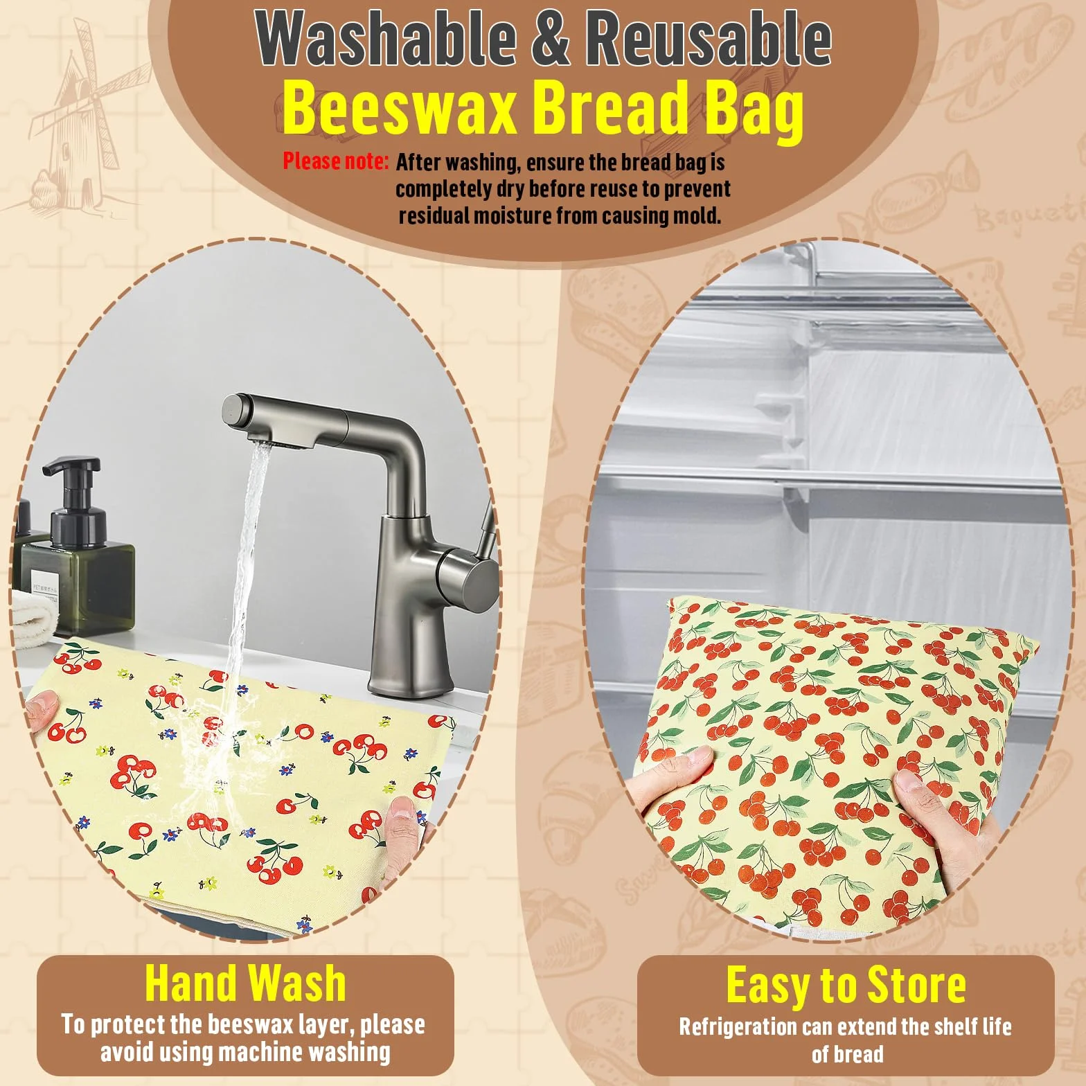 2 Pcs Sacs a Pain Tissu Réutilisables en Polyester avec Doublure en Cire d'abeille Sac à Pain pour Conserver le Pains Beeswax Bread Bag Conservation Croissant Baguette Fruits Légumes-43*30cm(Cerises)