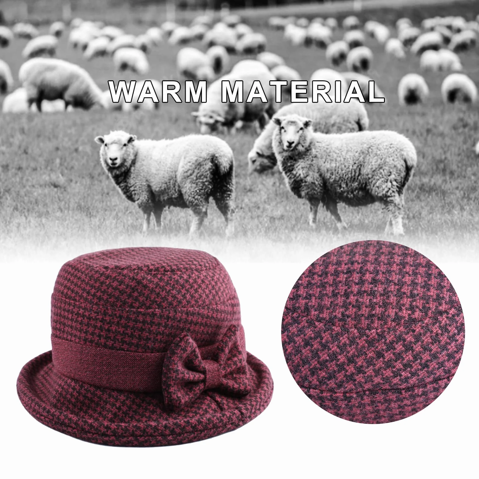 Adigaber Chapeau Melon Femme Bord Enroulable Hiver Rétro Cloche Nœud Réglable