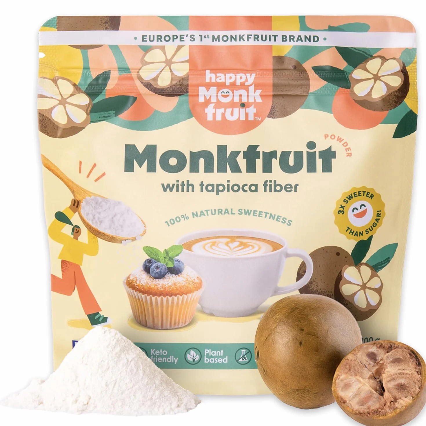 Fruit du Moine Poudre 200g, 3x Plus Sucré que le Sucre, Monk Fruit Sweetener, 100% Naturel avec Fibres Prébiotiques, Faible Calorie | Keto & Vegan | Sans Gluten, Non-GMO, Happy Monkfruit®
