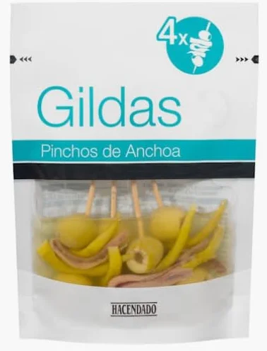 Hacendado Gildas, Brochettes d'Olives, Anchois et Piments à l'Huile de Tournesol, 125g PACK4, Produit d'Espagne, Conservation Entre 3-10°C