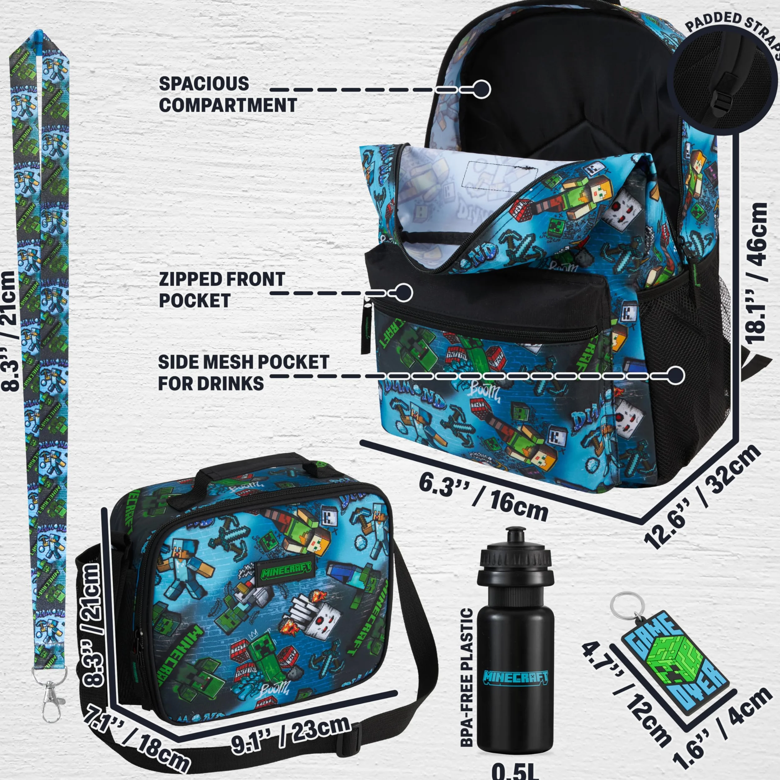 Minecraft Sac à Dos Garçon Set 5 Pièces avec Sac Isotherme Repas Trousse Scolaire Gourde sans BPA