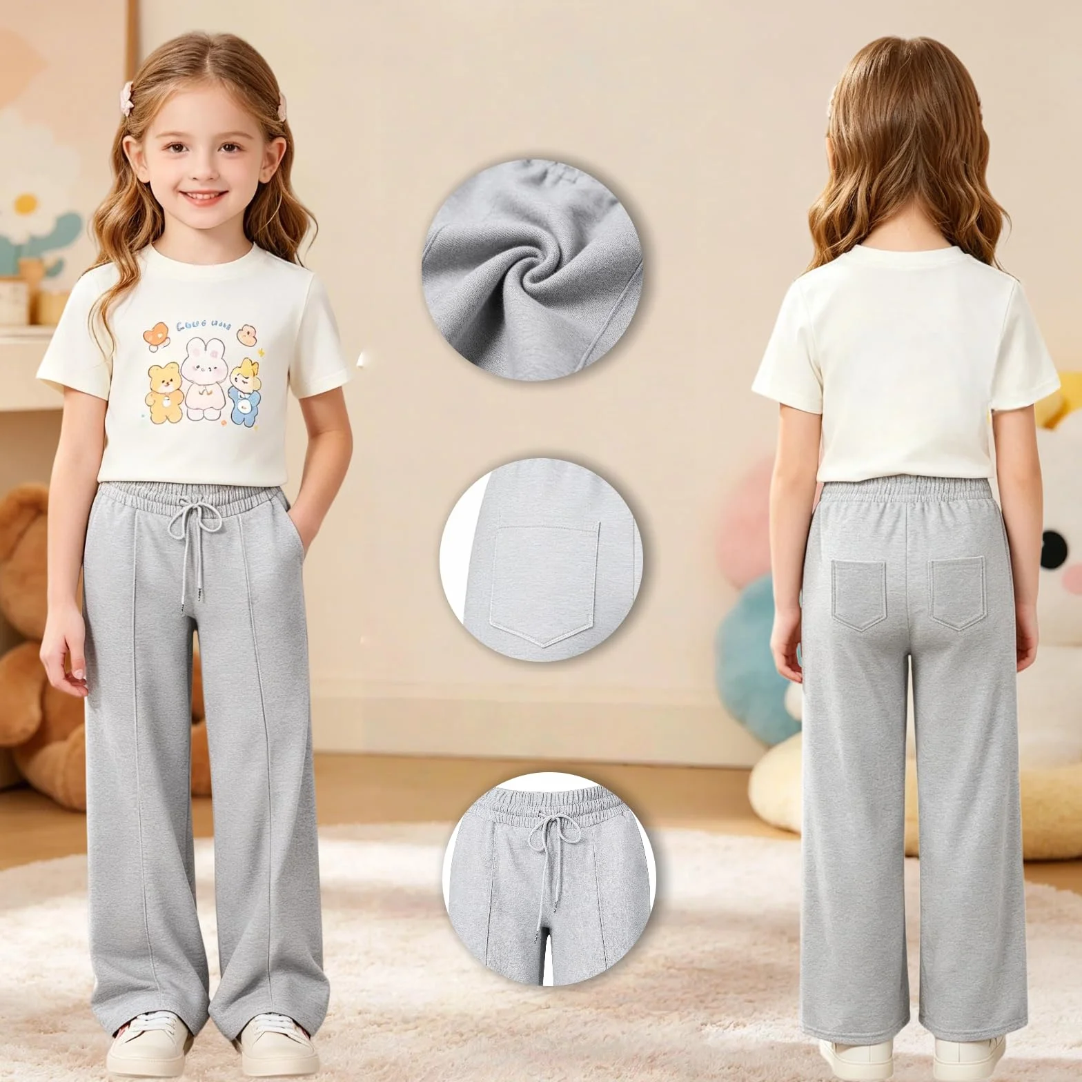 Pantalon Jogging Fille Ado Cordon Serrage Taille Élastique Baggy Unie Confort Léger Sport