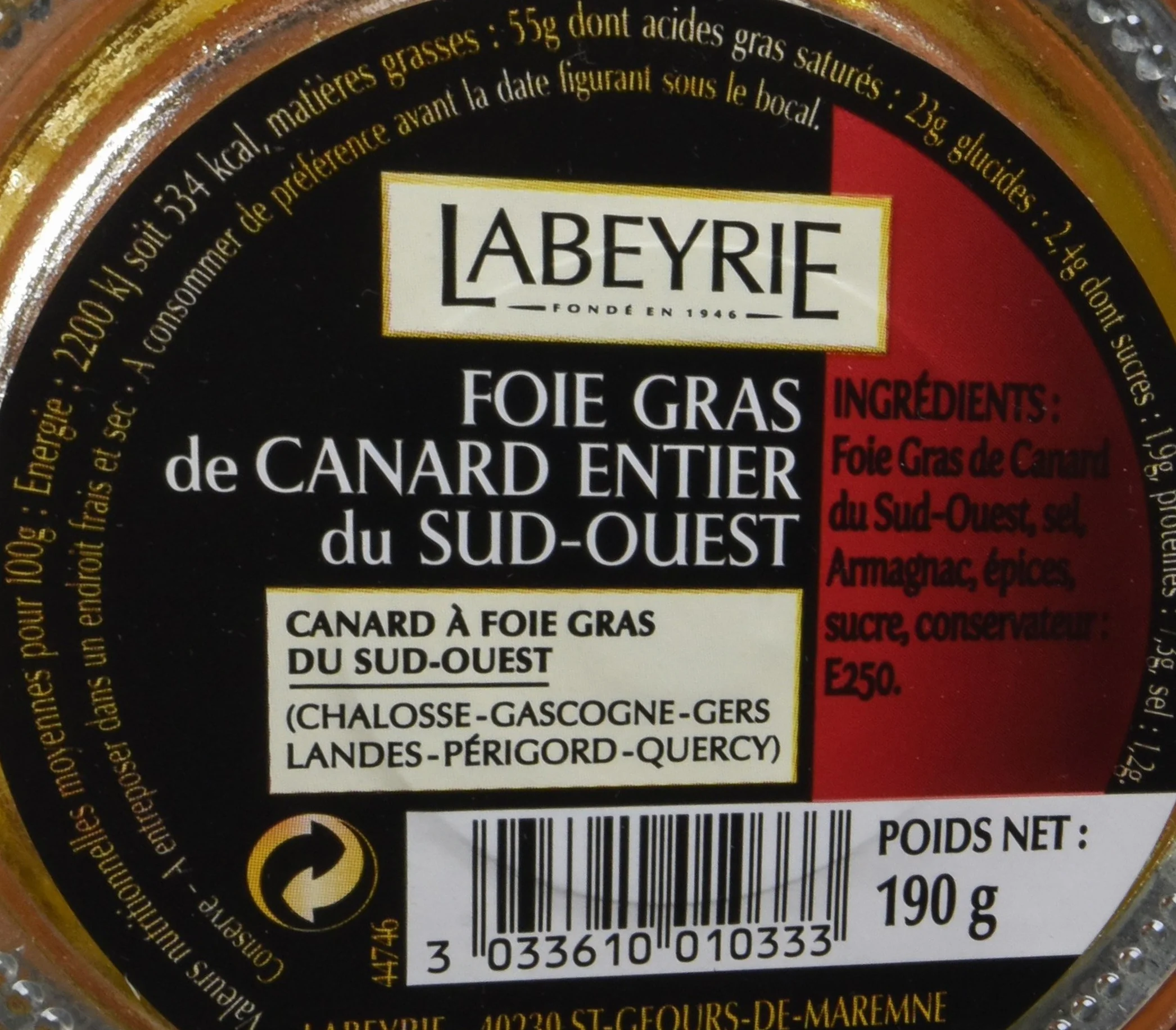 Labeyrie Foie Gras de Canard Entier du Sud-Ouest Bocal 190 g