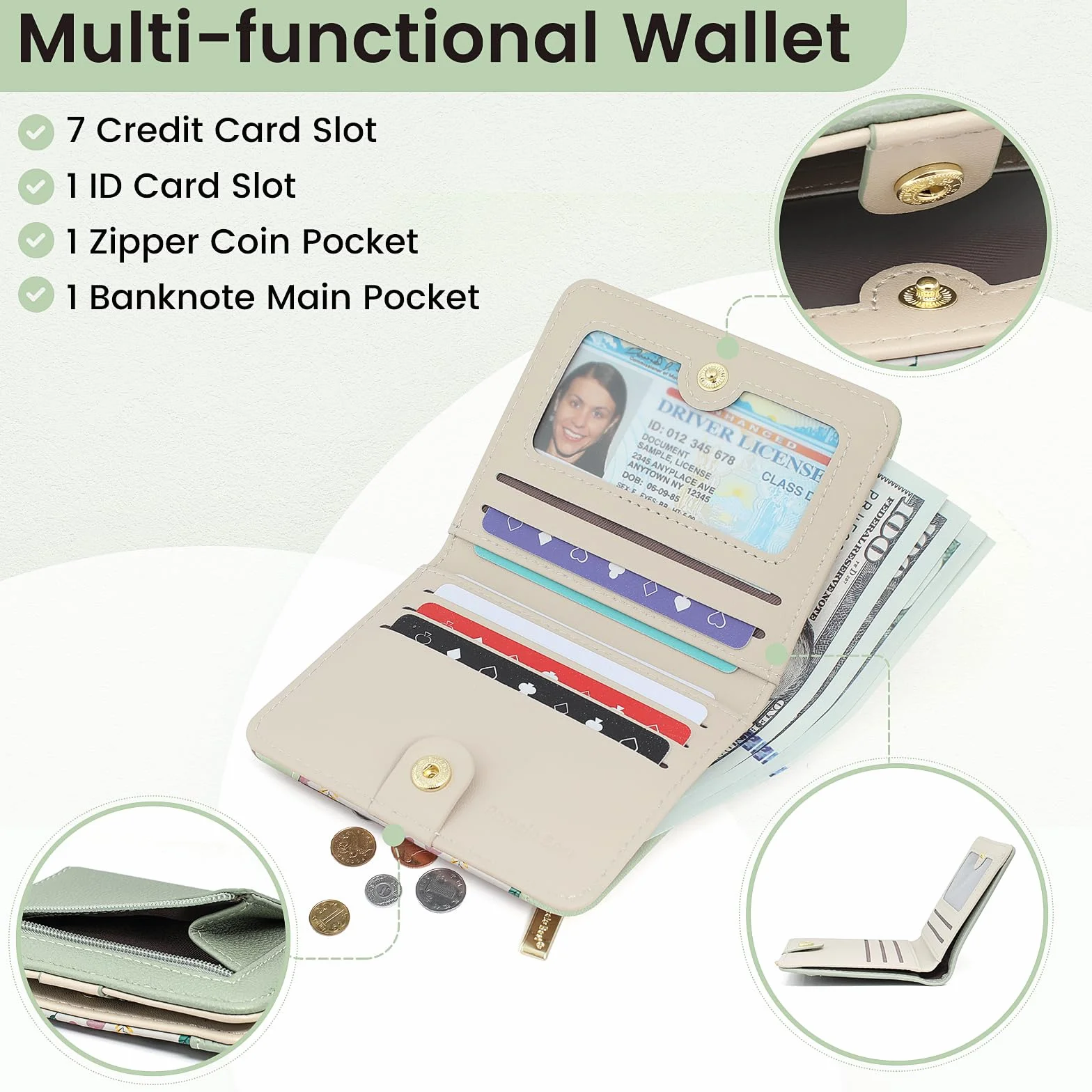Petit Portefeuille Femme Protection RFID Cuir PU Souple Design Imprimé Léger Pratique Cartes Crédit Menthe Verte