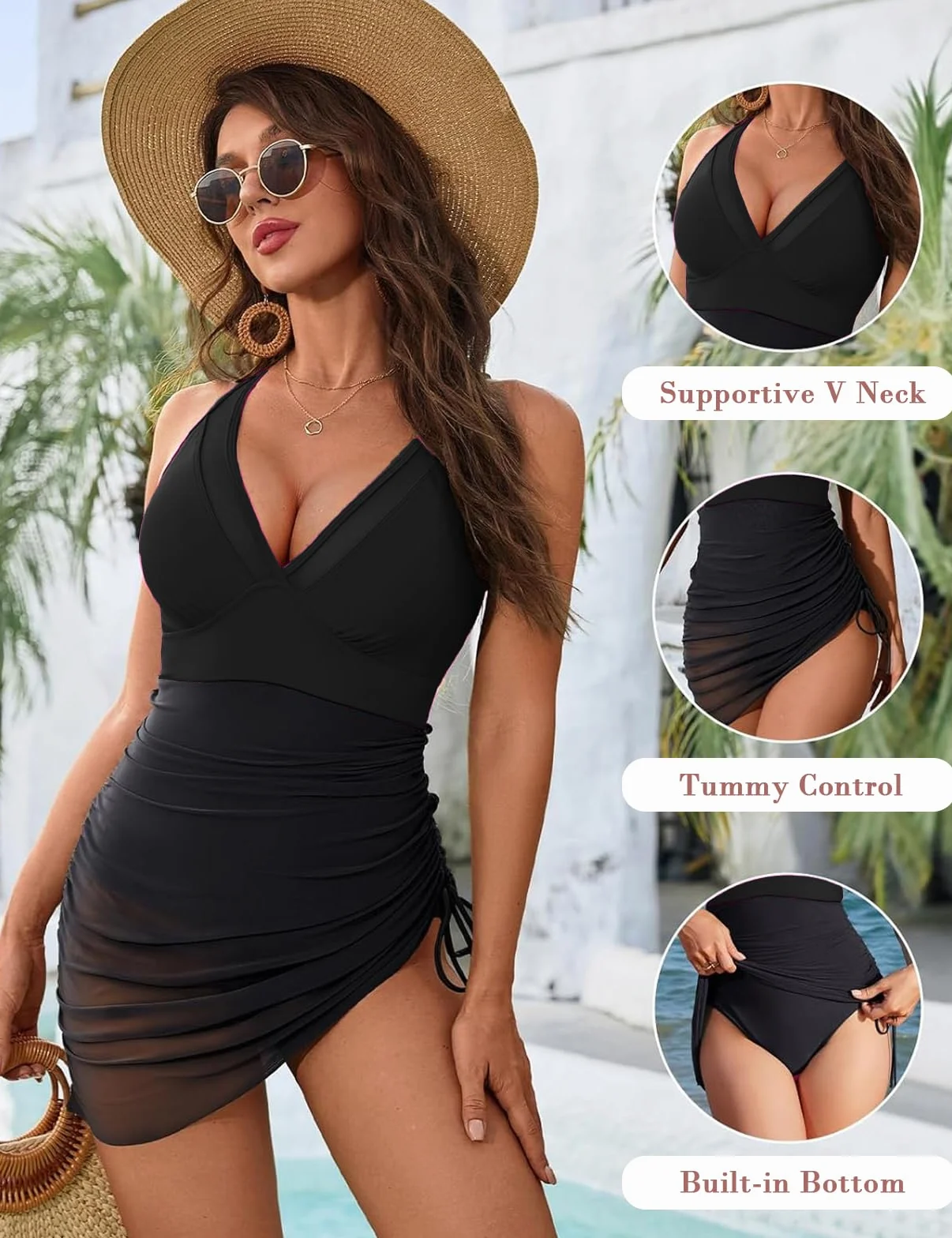 Maillot de Bain Femme 1 Pièce Gainant Ventre Plat Col V Push Up Rembourré