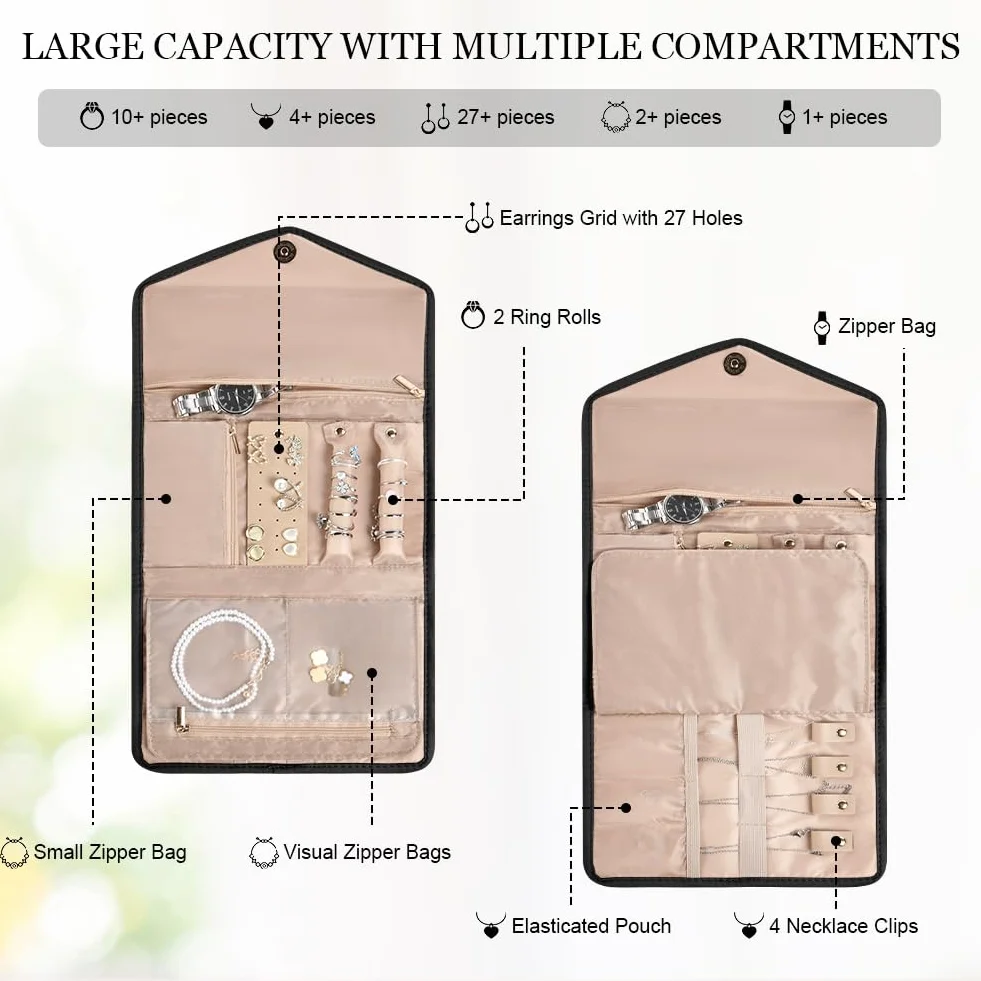 Aucuu Pochette Rouleaux à Bijoux Pliable, Organisateur de Voyage pour Bijoux, Sac en Rouleau Noir