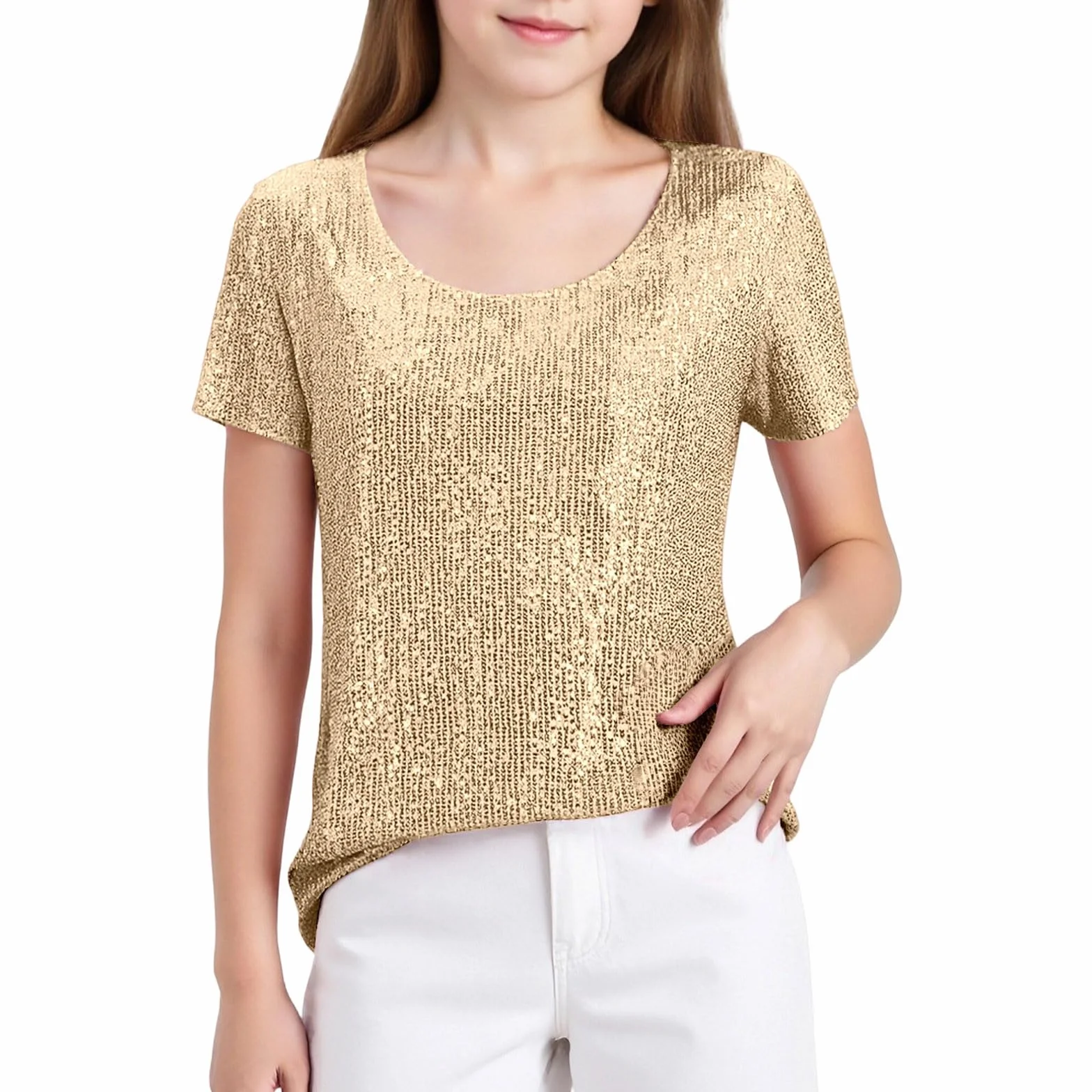 T-shirt à manches courtes avec paillettes et col rond pour fille