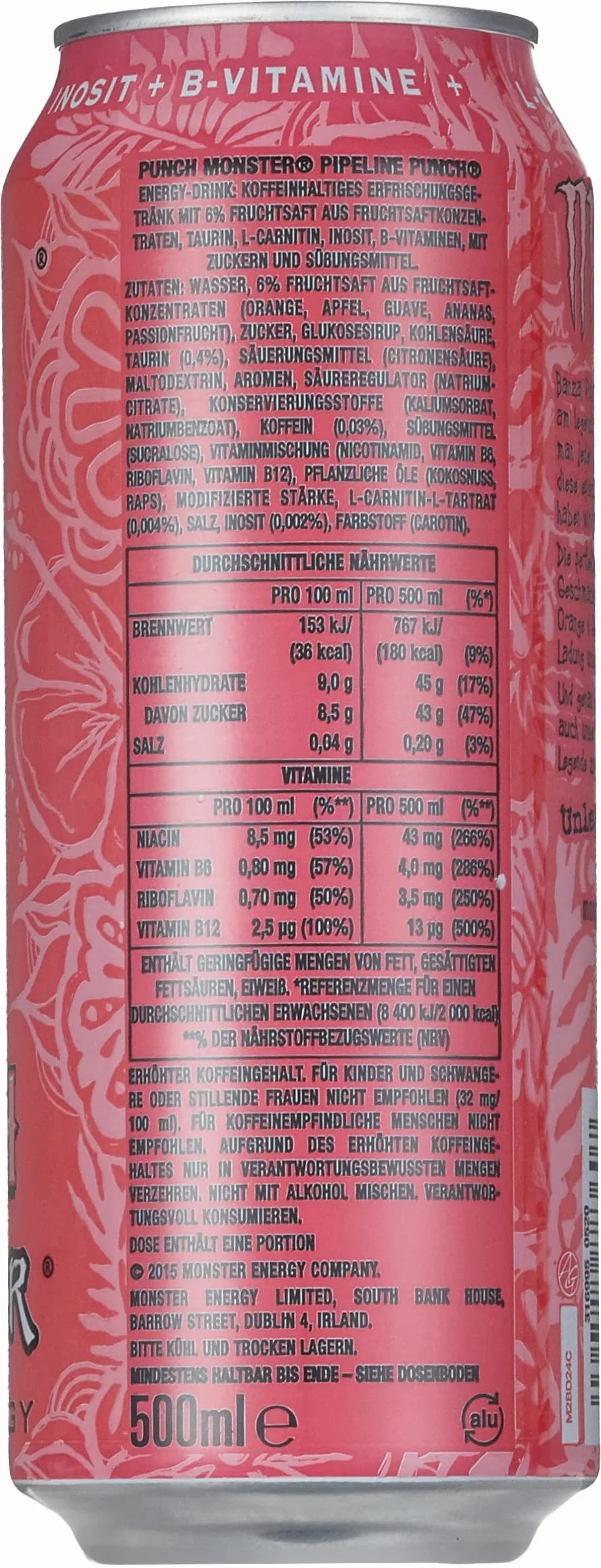 Monster Energy Pipeline Punch – Boisson énergisante caféinée au goût rafraîchissant de fruit de la passion, orange et goyave – dans des boîtes jetables pratiques (12 x 500 ml)