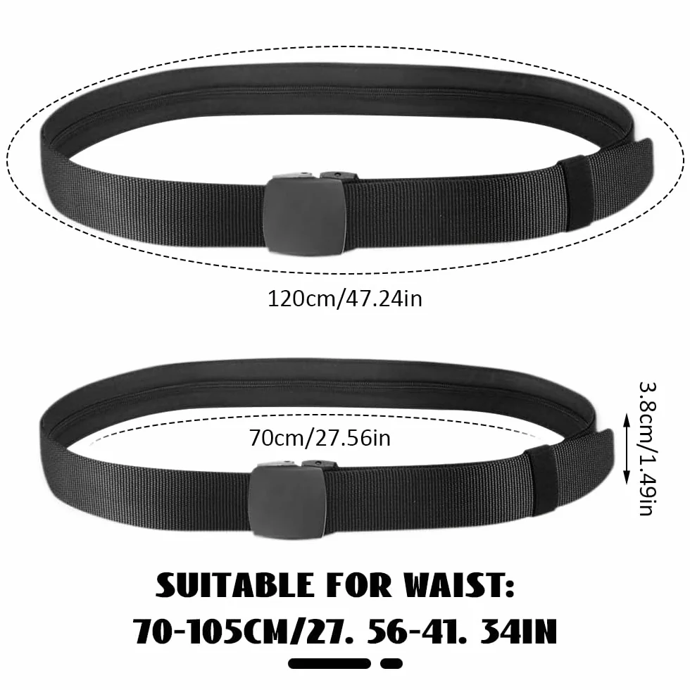 Ceinture de Voyage Porte-Monnaie Cachée Noir Nylon Réglable 120 x 3.8 cm