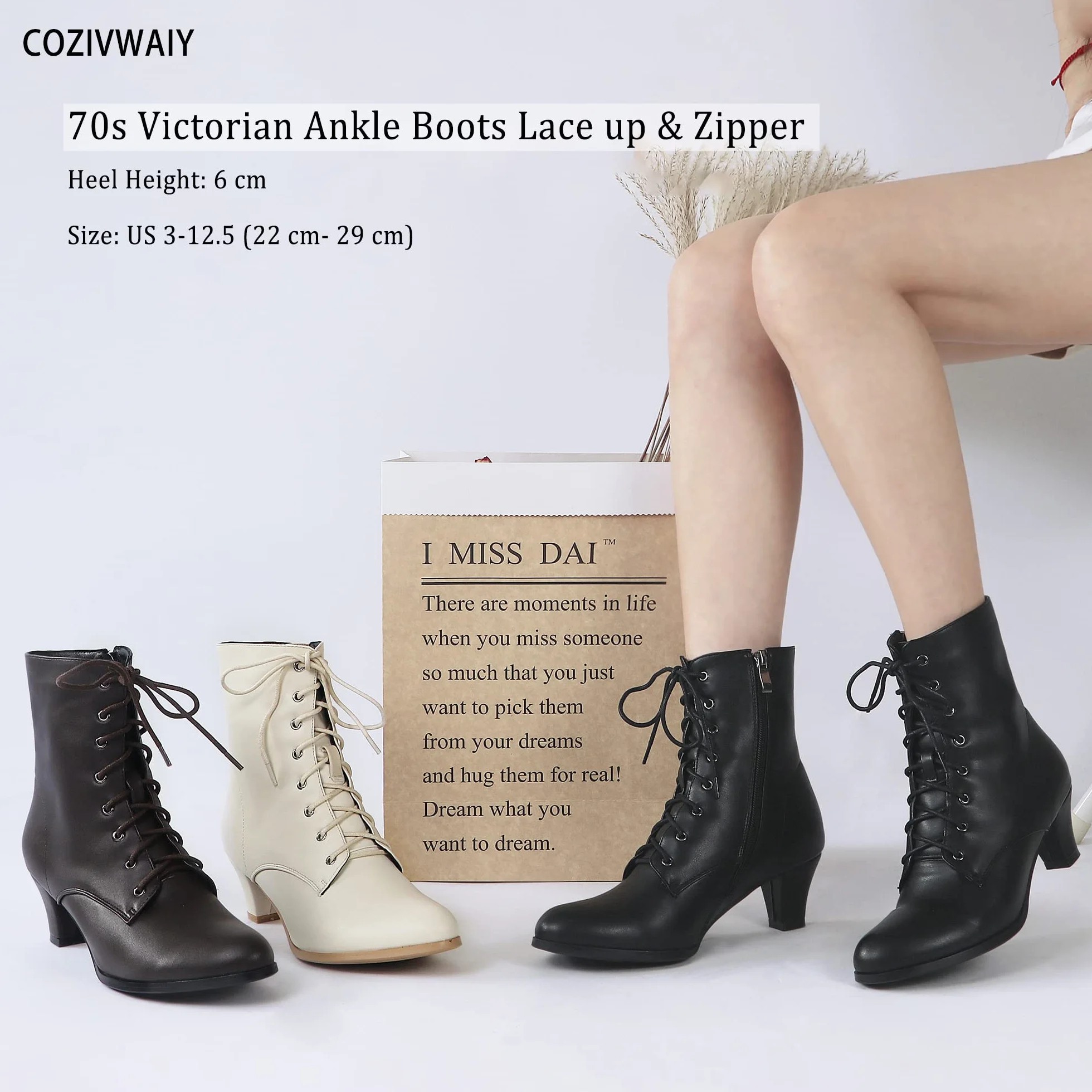 Cozivwaiy Bottes Victoriennes pour Femmes Lacets 70s Bottines Talon Moyen Cheville Steampunk Gothique