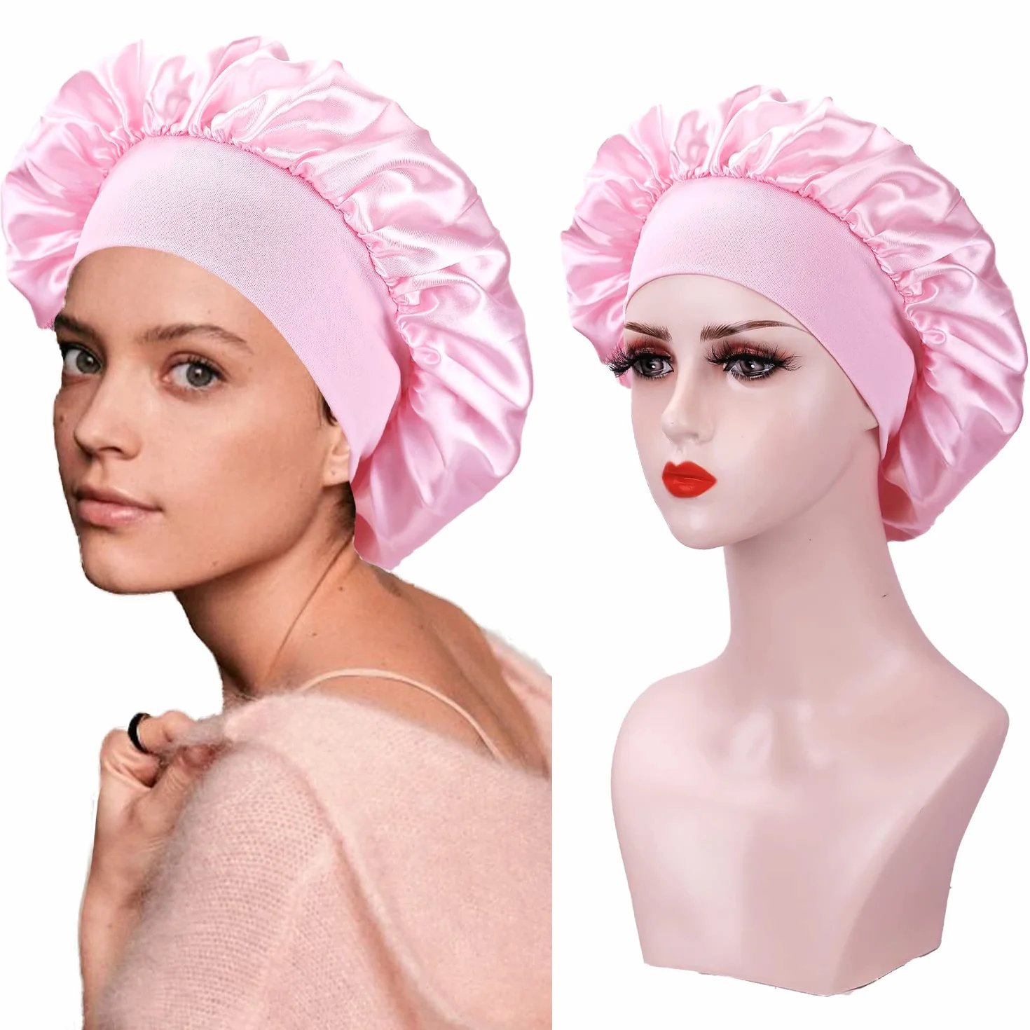 Bonnet Satin Cheveux Afro pour Femmes, Bonnet de Nuit en Soie (Motif de Rose: Noir+Rose)