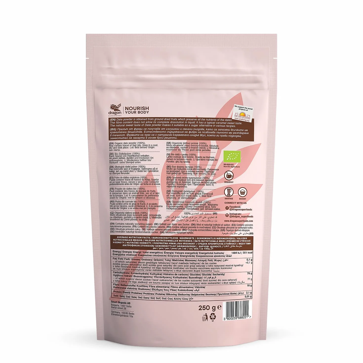 Dragon Superfoods Poudre de dattes - 100% bio, végétalienne et sans gluten, naturellement sucrée, multipack de 6 x 250 g
