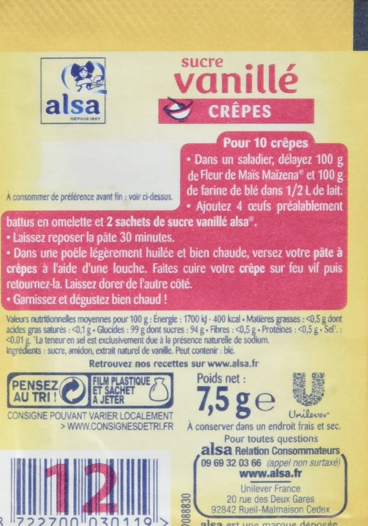 Alsa Sucre Vanillé à Extrait Naturel de Vanille x12 Sachets 90g - Lot de 4