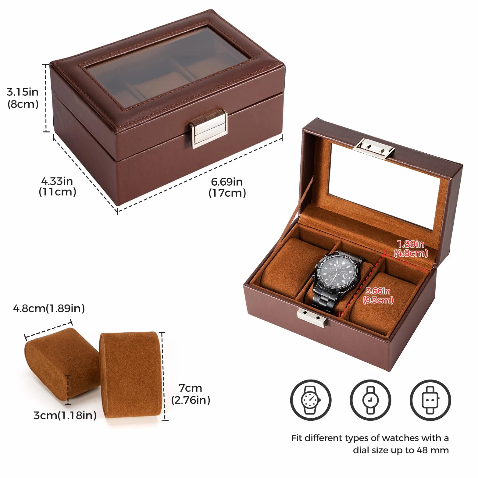 Procase Boîte à Montre Antichoc Coffret Montre Homme 3 Emplacements Coussins Rangement Couvercle Verre Marron