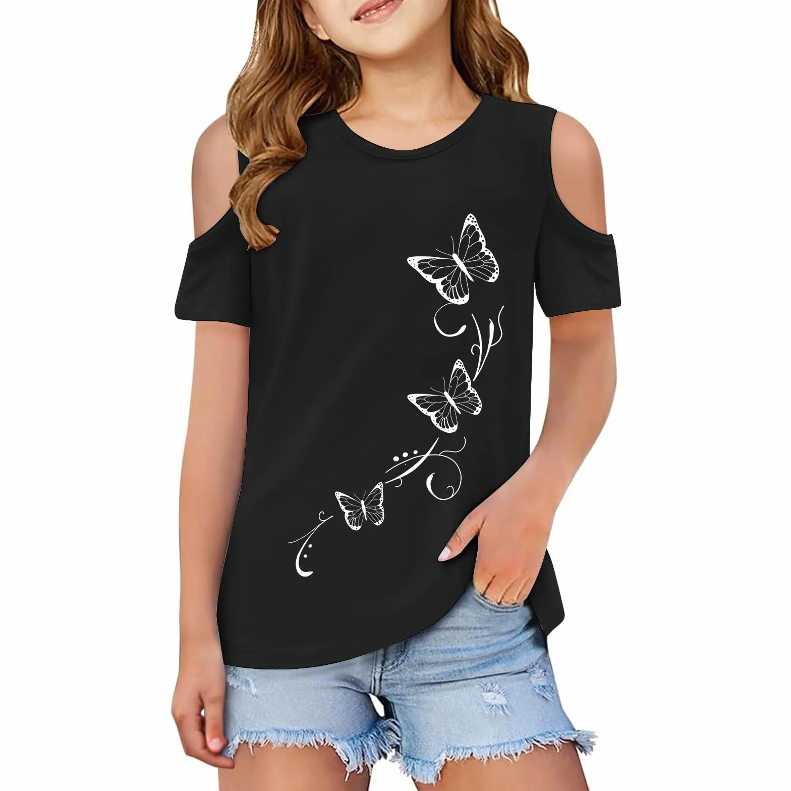 Tee Shirt épaule Dénudée Enfant Fille Manche Courte 3-12 Ans été Mode Mignon Blouse T Shirt Ado Fille Chic Leger Confortable Casual Haut Top