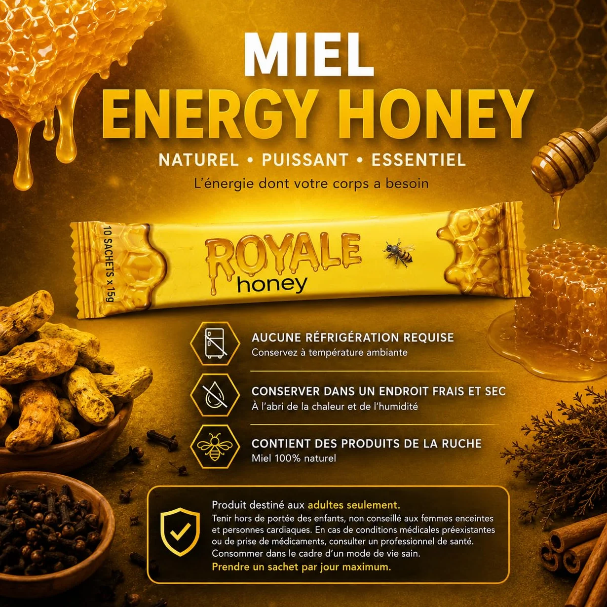 MIEL OR PRODUIT ALIMENTAIRE ROYALE 100% NATUREL INTENSE POUR HOMME EN STICKS - GINSENG FORMULE EFFICACE 10 SACHETS INDIVIDUELS FORMAT PRATIQUE