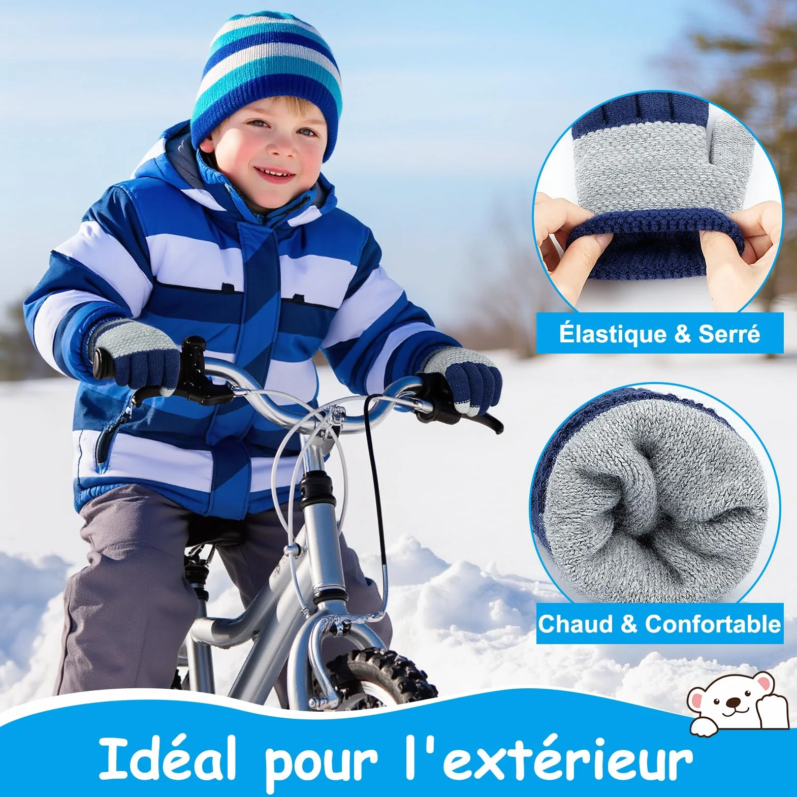 Kiiwah 3 Paires Gants Tricotés Chauds pour Enfants, Doigts Complets Thermique, Garçons 7-9 Ans (Bleu, Marine, Gris)