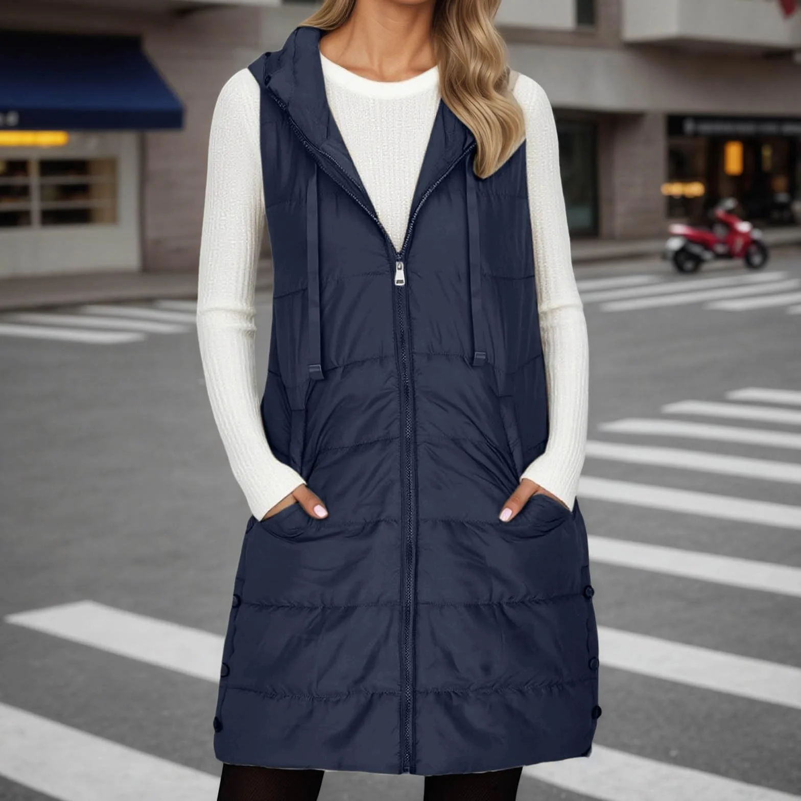 Femme Longue Doudoune sans Manches avec Capuche Gilet Chaud Veste Hiver Poches Zippée