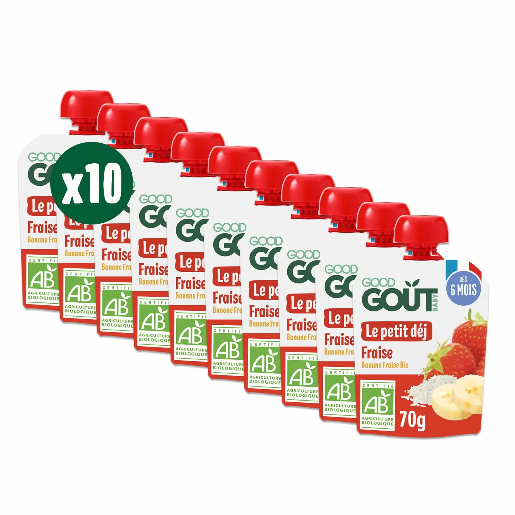 GOOD GOÛT Petit Déj Fraise Gourde Bébé Dès 6 Mois Sans Sucres Ajoutés 10x70g