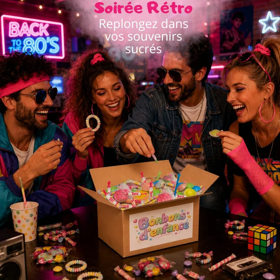 Bonbons d’Enfance 200 pcs | Assortiment Rétro : Colliers & Sucettes dextrose, Pailles & Soucoupes acidulées,Boules Coco | Idée Cadeau Anniversaire et Fête