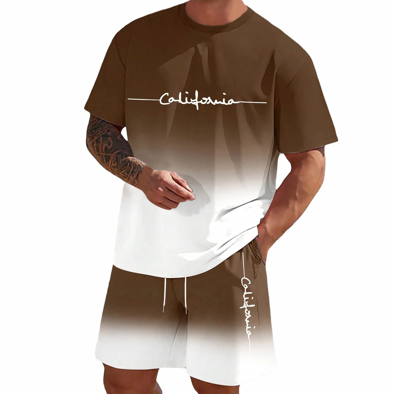 Ensemble Homme 2 Pièces Short T-Shirt Manches Courtes Tenues Survêtement Costumes Plage Vacances