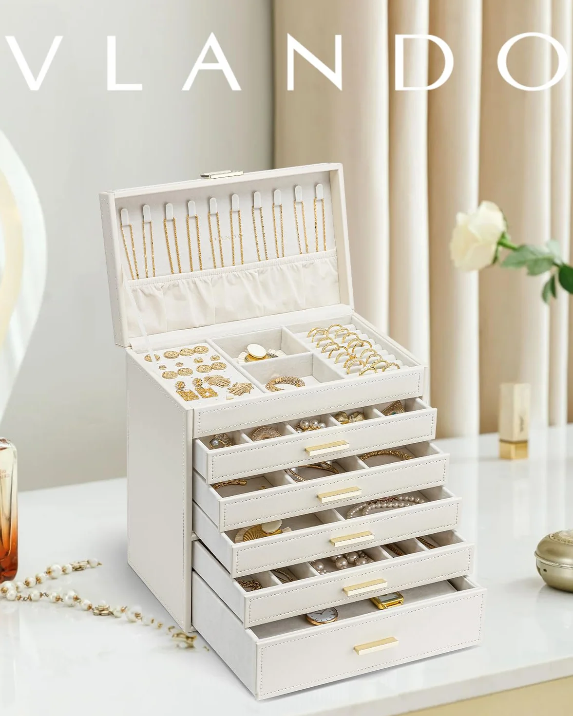 Vlando Boîte à bijoux moderne grande 6 niveaux avec tiroirs miroir coussinet pour montre