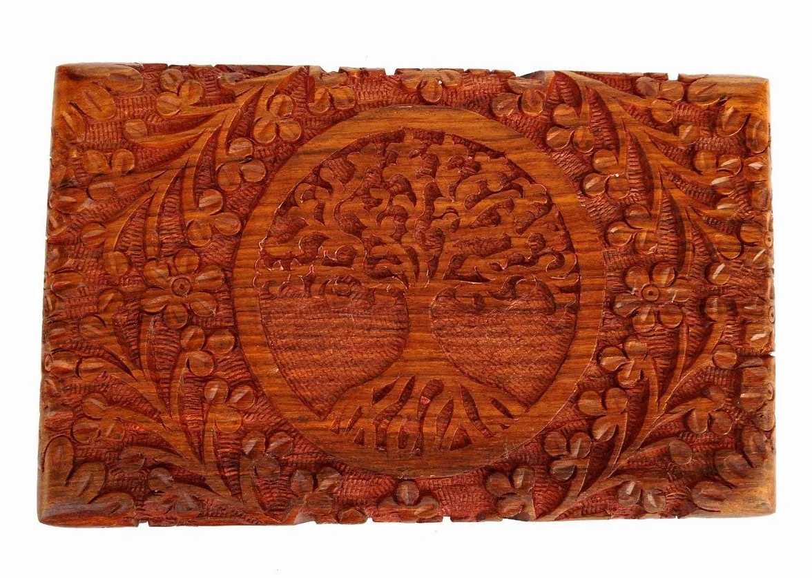 Boîte à Bijoux en Bois Fait Main Arbre de Vie, Coffret Sculpté, Rangement Décoratif 20 x 13 cm