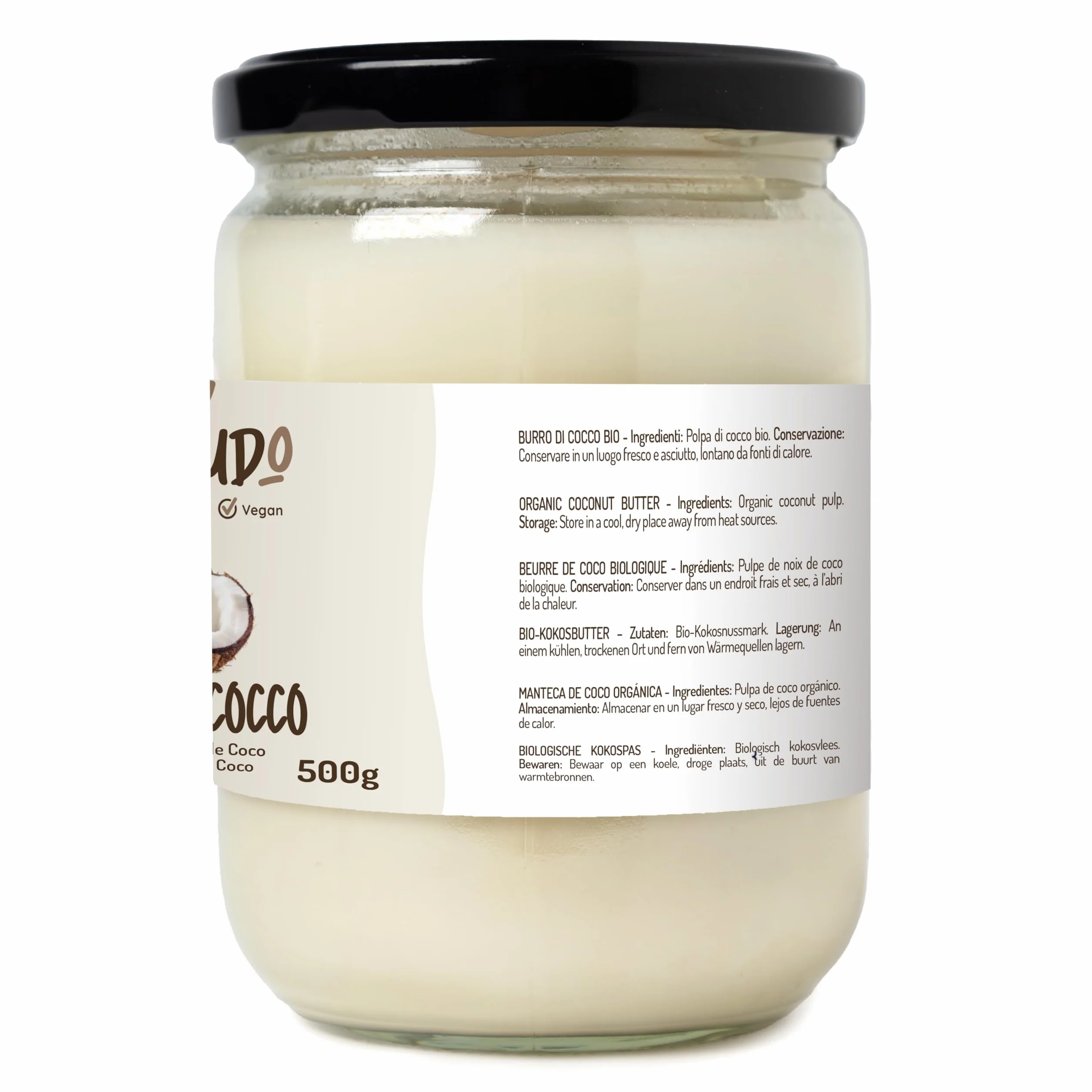 Creme de Coco bio - 500ml. Beurre de noix de coco biologique extrait à froid sans sucre. Idéal pour la cuisine végétalienne, les bonbons à la noix de coco et les gâteaux