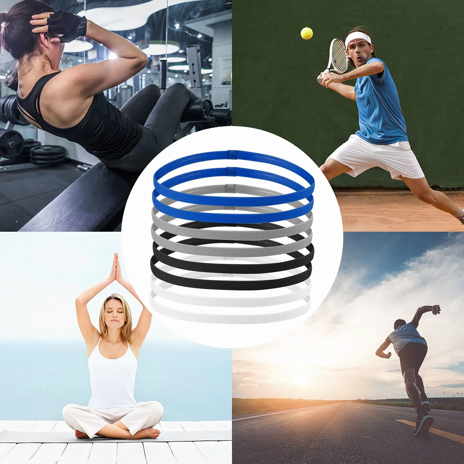 Bandeau de Sport Enfants 8 Pcs Serre Tête Élastique Antidérapantes Noir Blanc Bleu Gris