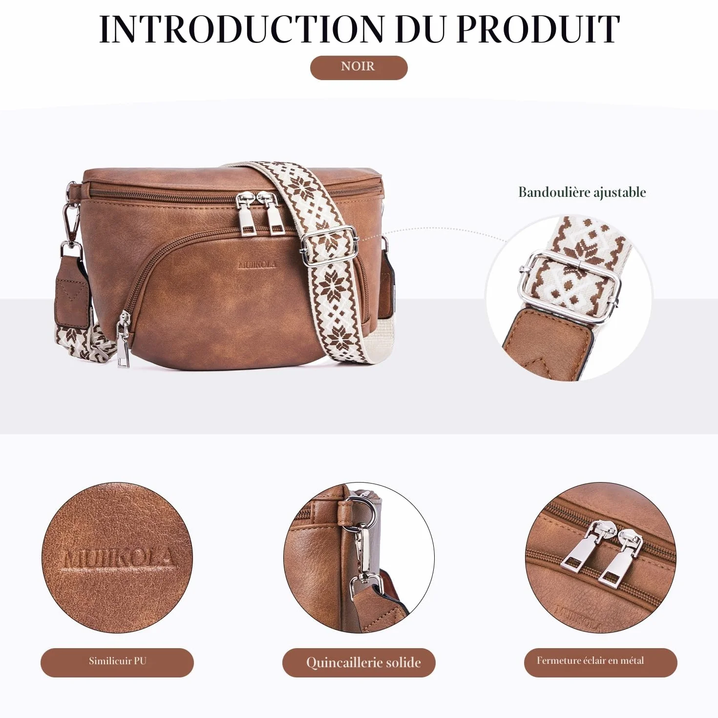 Sac à bandoulière femme cuir végétalien RFID poche poitrine sangle réglable