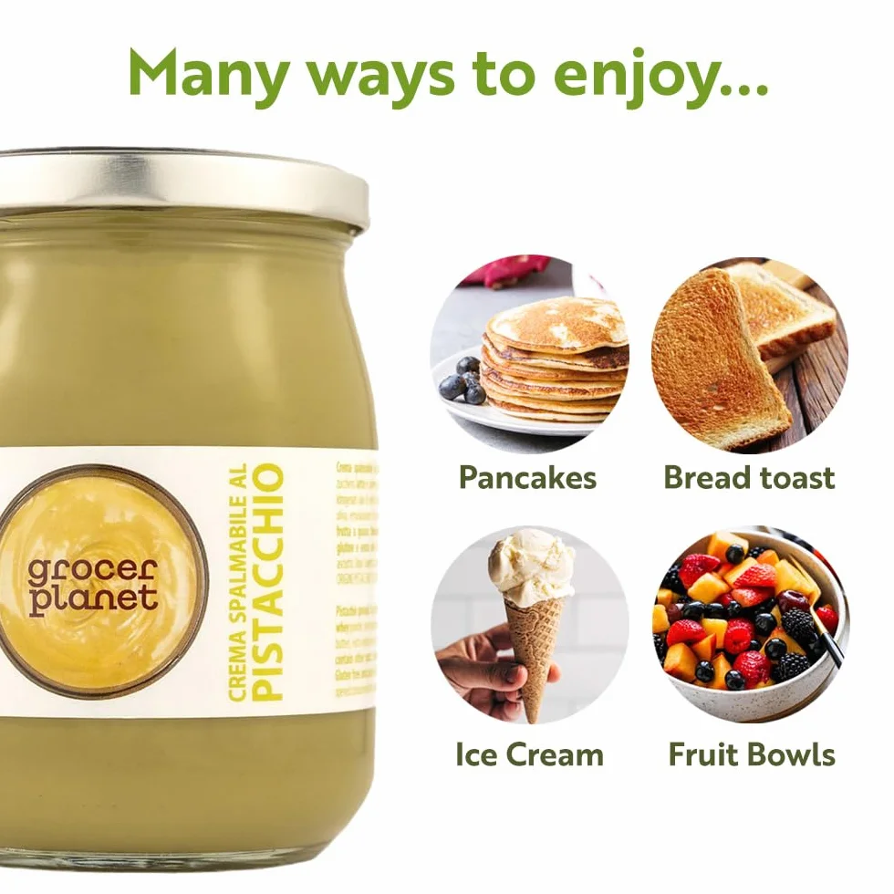 Grocer Planet - Crème Douce de Pistaches (600g) | Avec 45% de Pistaches | Cuisine Italienne Gourmet | Ideal pour les petits déjeuners et les desserts