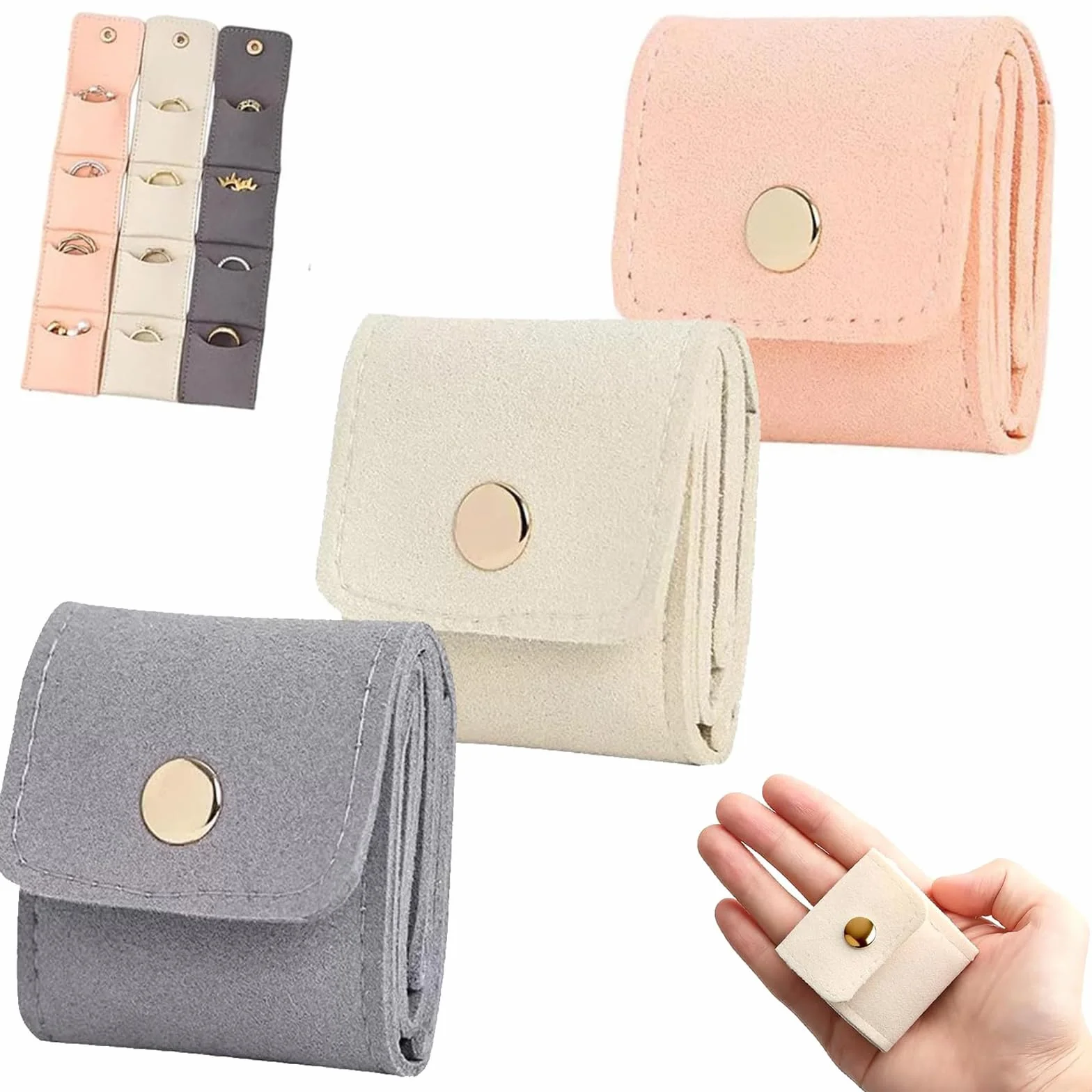 BAUCH 3 pièces boîtes à bijoux de voyage avec boucle, Rose + Beige + Gris