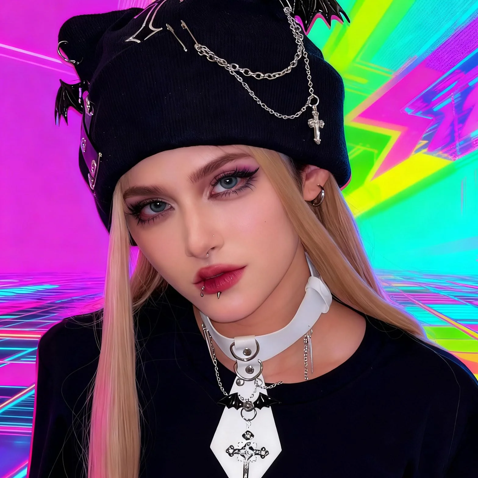 Goth Cat Beanie bonnet punk oreilles chat Y2K grunge tricoté streetwear chaîne femme festivals
