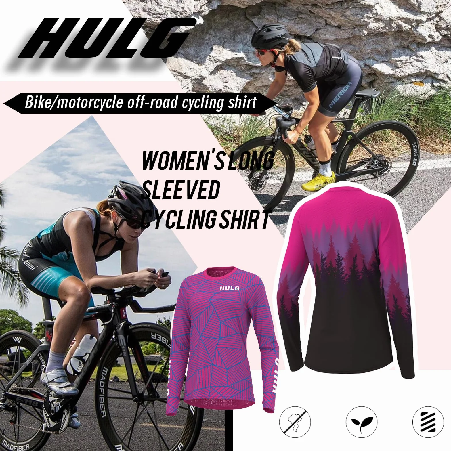 HULG Maillot de Cyclisme Femme Manches Longues, VTT, 100% Polyester, Séchage Rapide, Respirant