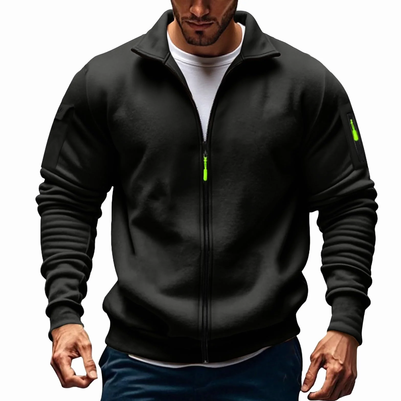 Sweat-shirt à fermeture éclair pour homme - Couleur unie - Sans capuche - Coupe ample - Veste légère avec poches