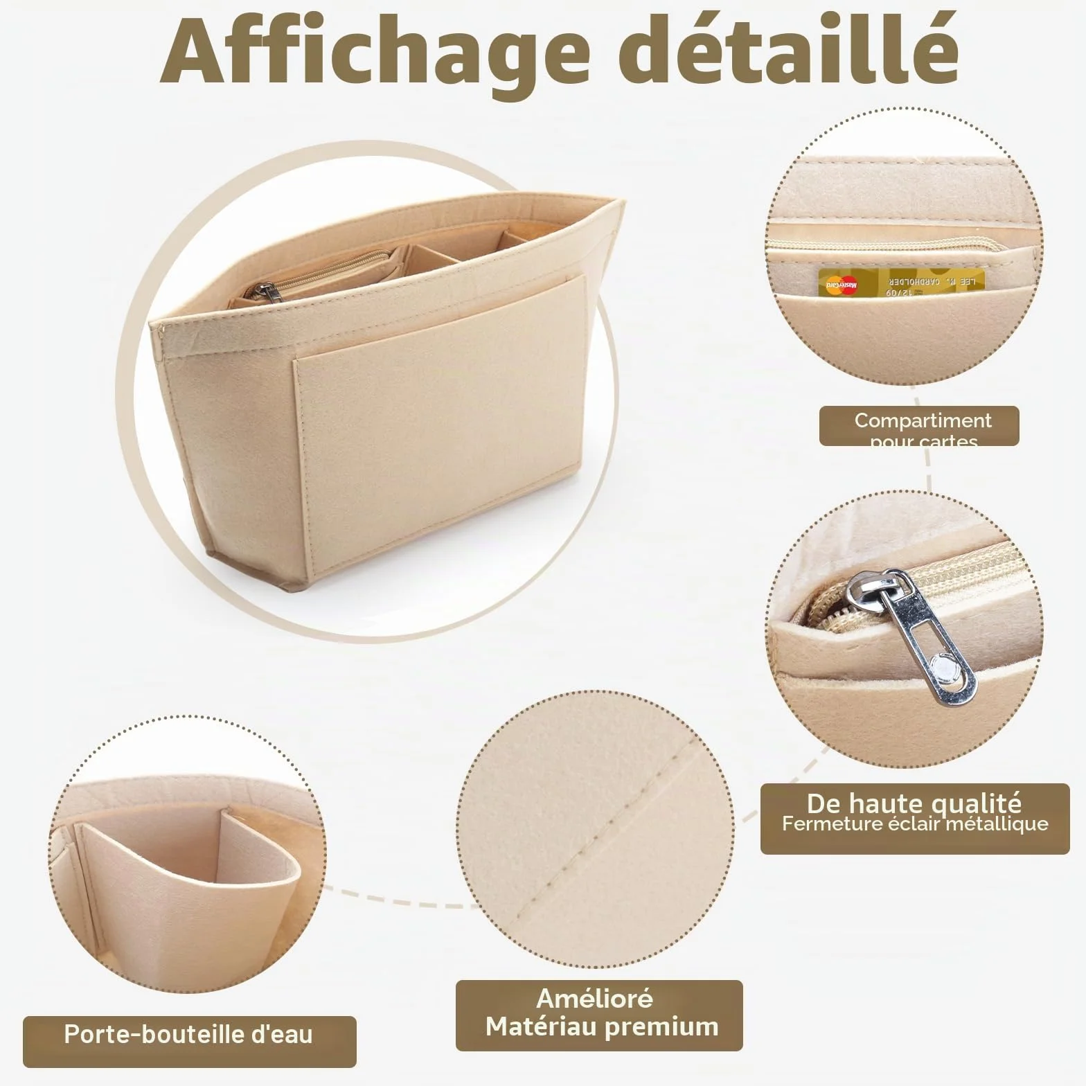 Organiseur de sac à main en feutre pour Longchamp L, pliable, Beige