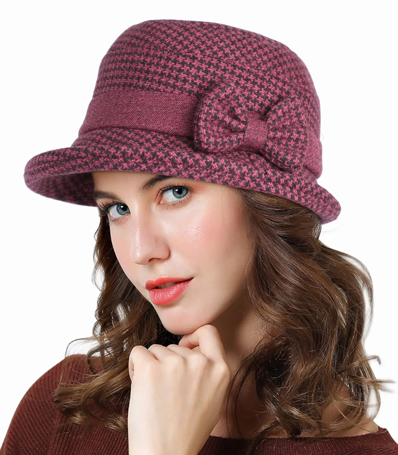 Adigaber Chapeau Melon Femme Bord Enroulable Hiver Rétro Cloche Nœud Réglable