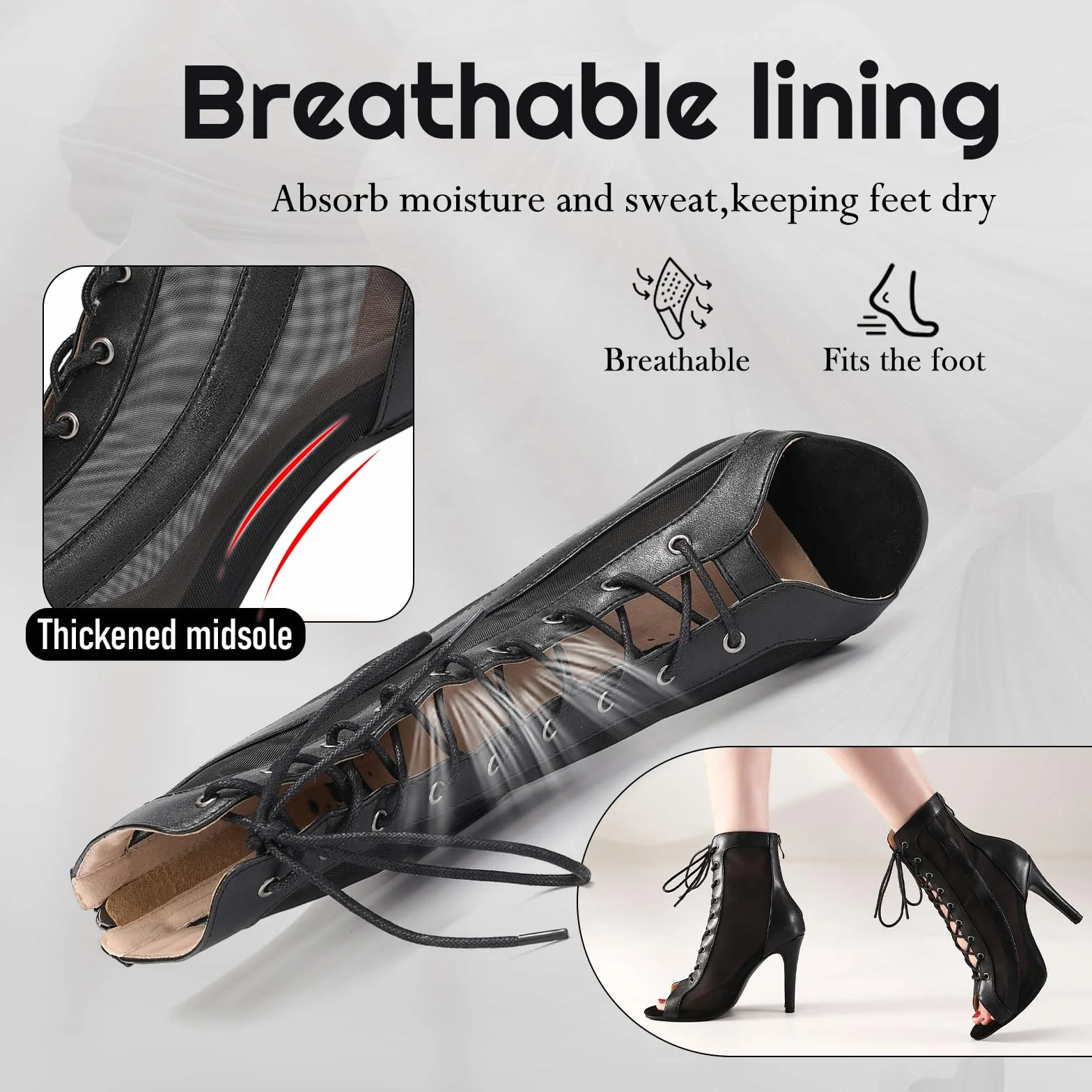 Bottines de Danse Femme à Lacets Talons Mesh Bout Ouvert Performance