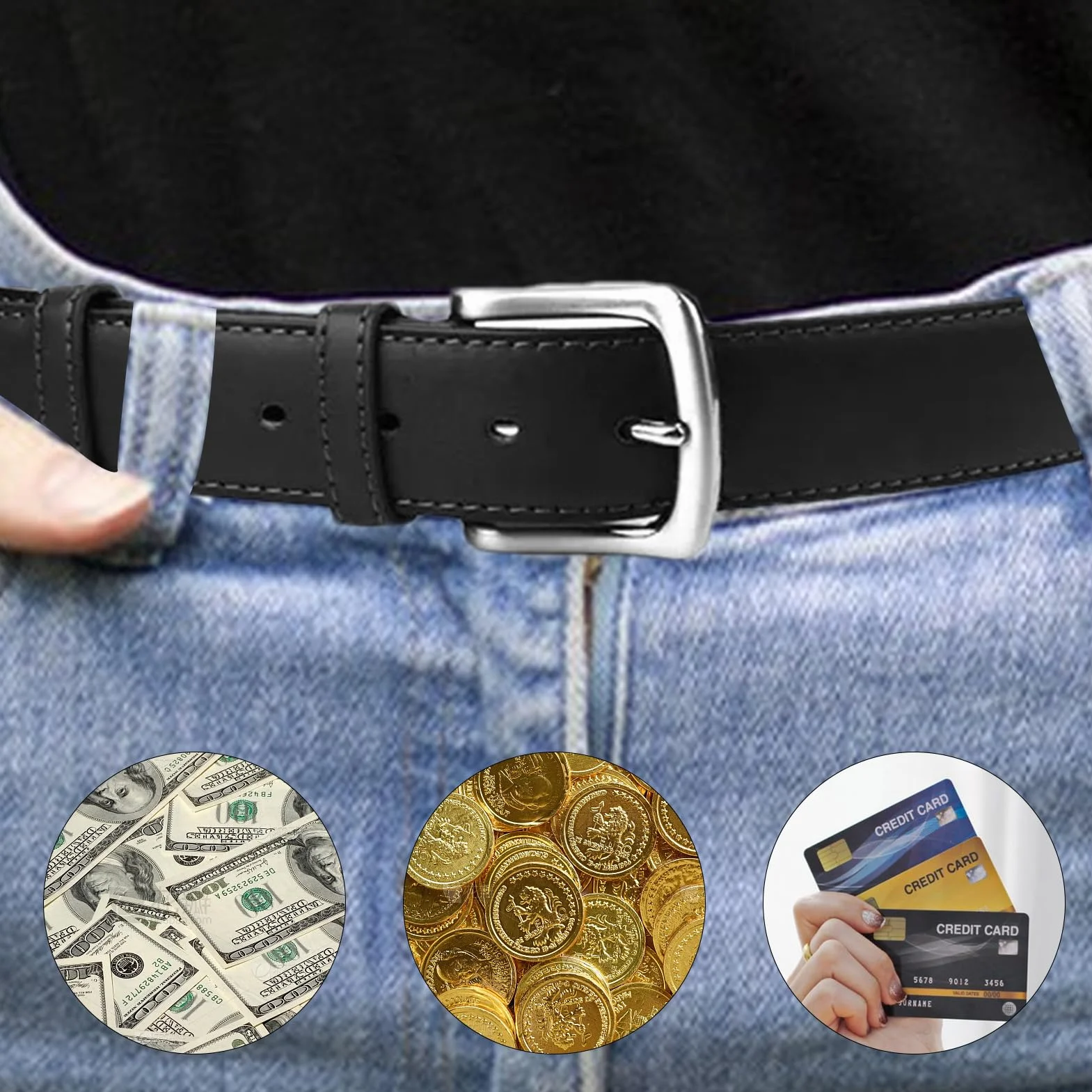 Ceinture porte-argent antivol PU de voyage avec poche intérieure cachée et fermeture éclair
