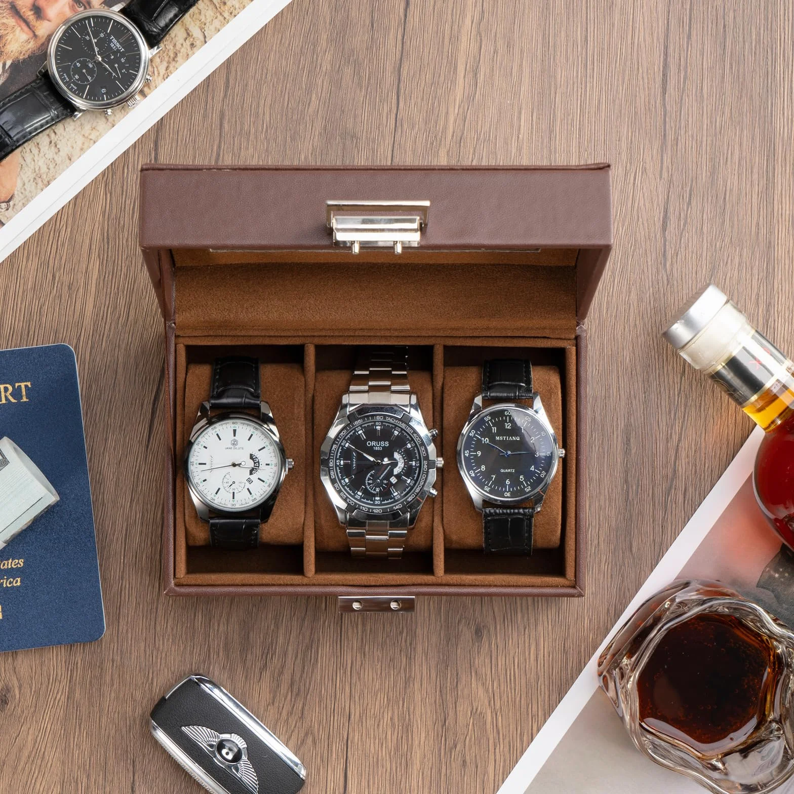 Procase Boîte à Montre Antichoc Coffret Montre Homme 3 Emplacements Coussins Rangement Couvercle Verre Marron