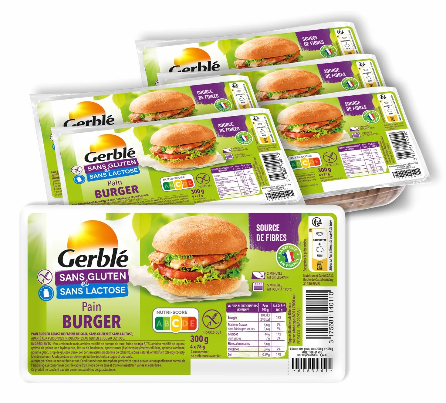 GERBLÉ – Pains Burger Sans Gluten & Sans Lactose – 4 Pains Moelleux Individuels, Riches en Fibres – Idéal pour Sandwich & Burger – Lot de 6 – 350 g
