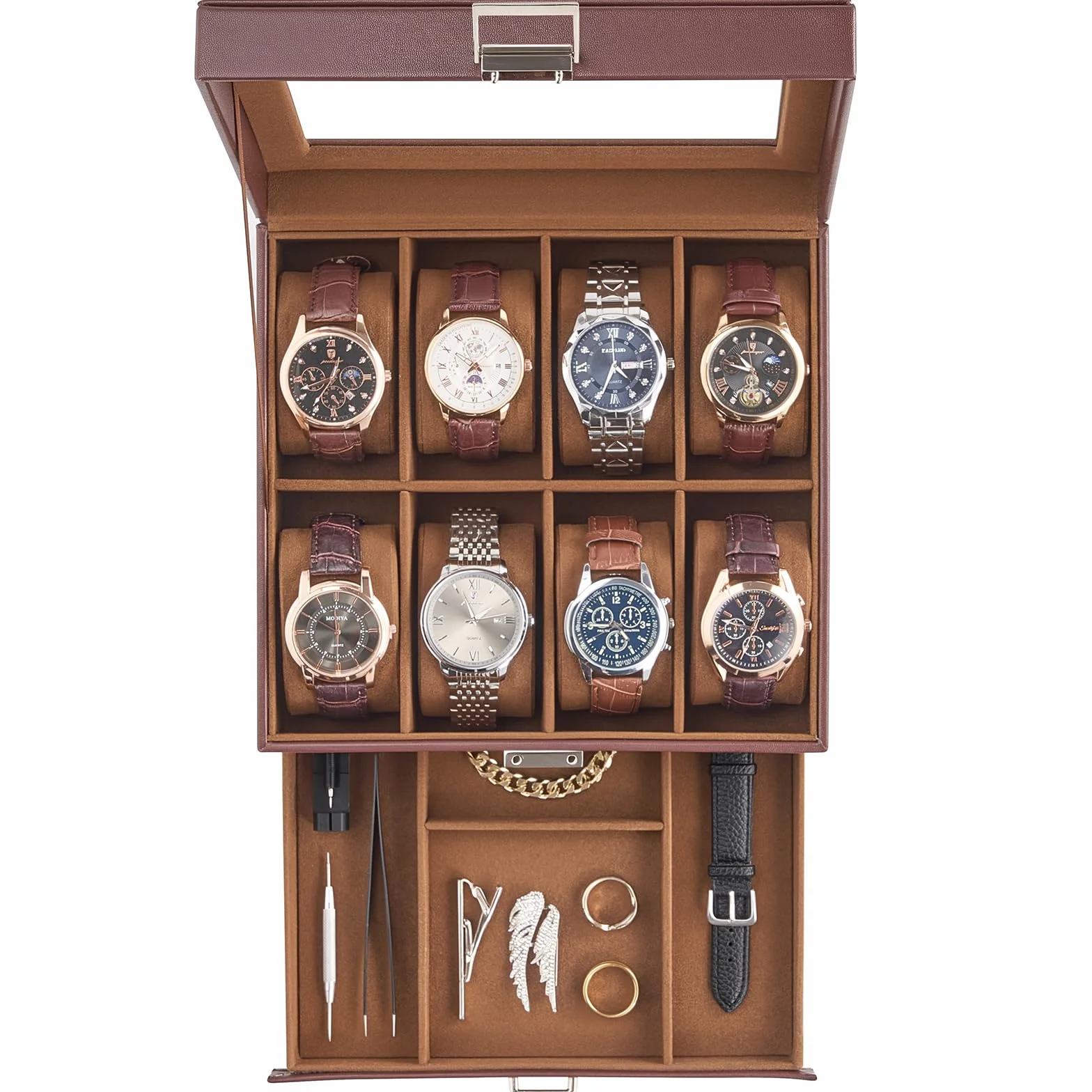ProCase Coffret de Rangement pour Montres 2 Niveaux 8 Compartiments 1 Tiroir Couvercle Transparent Marron
