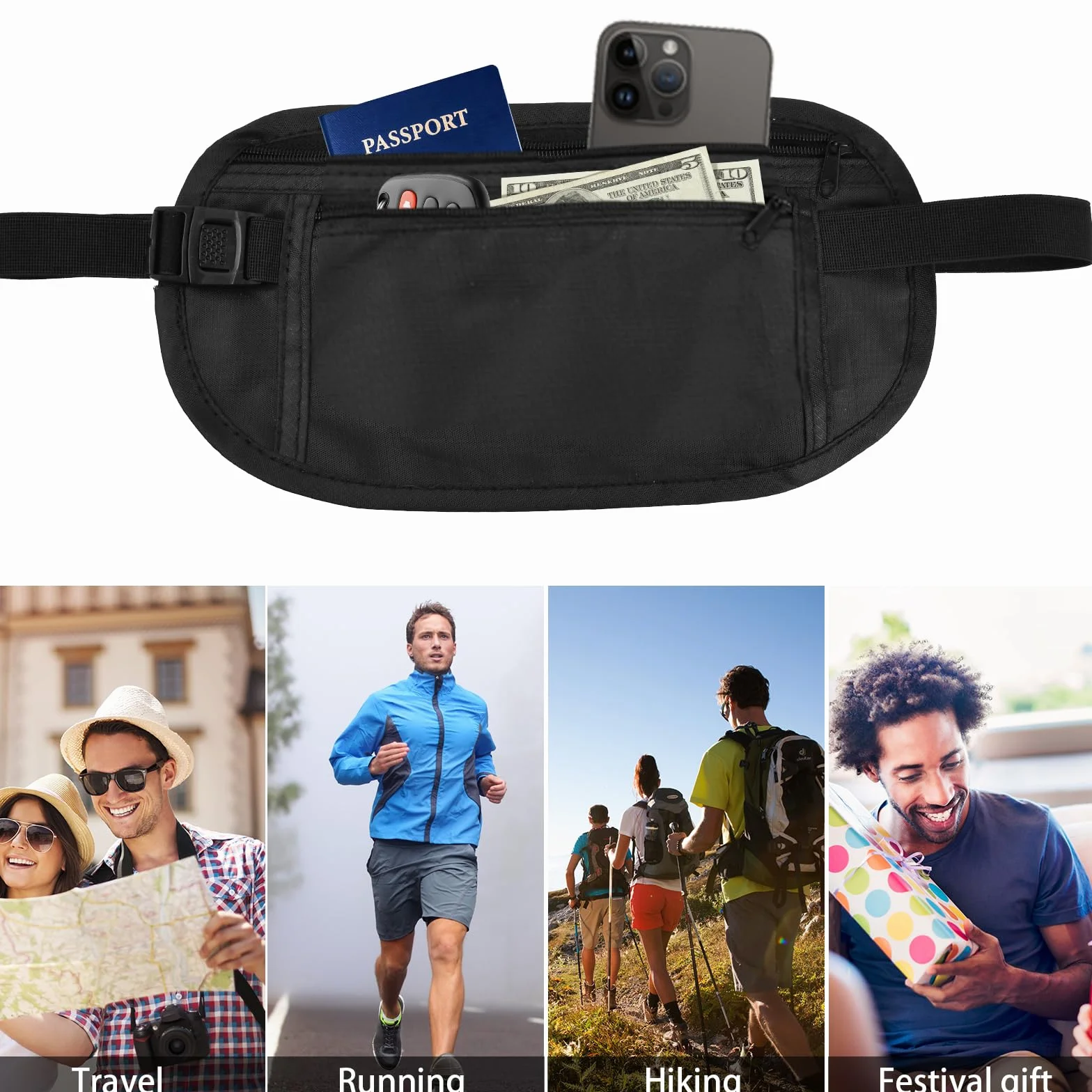 Ceinture Porte-Monnaie Antivol étanche, Sac Banane de Voyage Noir