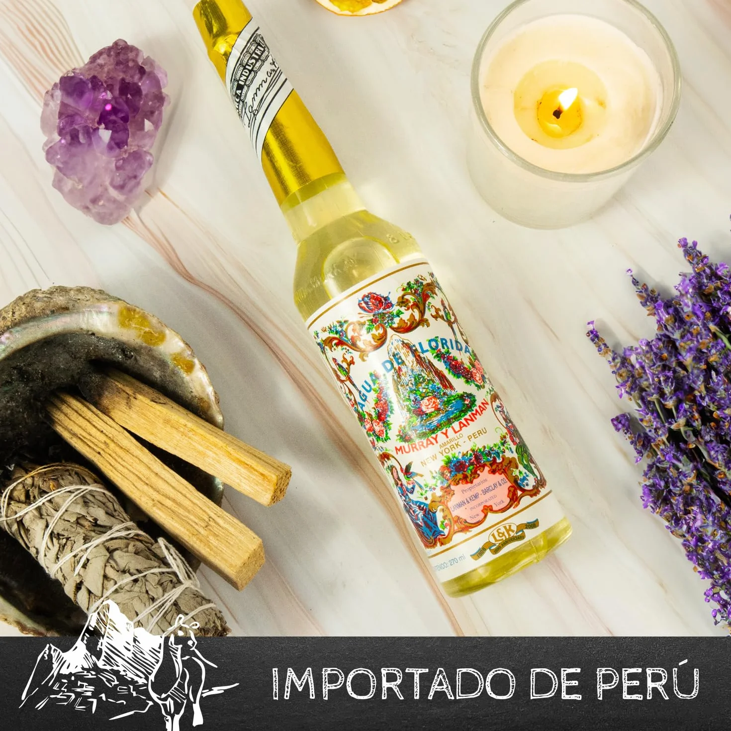 2 Eau de Floride du Pérou 100% Originale et 6 Palo Santo – Ensemble Complet de Nettoyage Spiritue