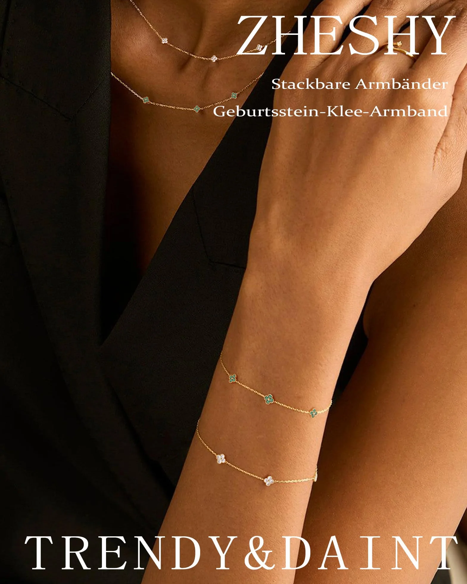 Bracelet Femme Or Trèfle À 4 Feuilles Pierre De Naissance Réglable 14k Plaqué Or Zircon Cubique