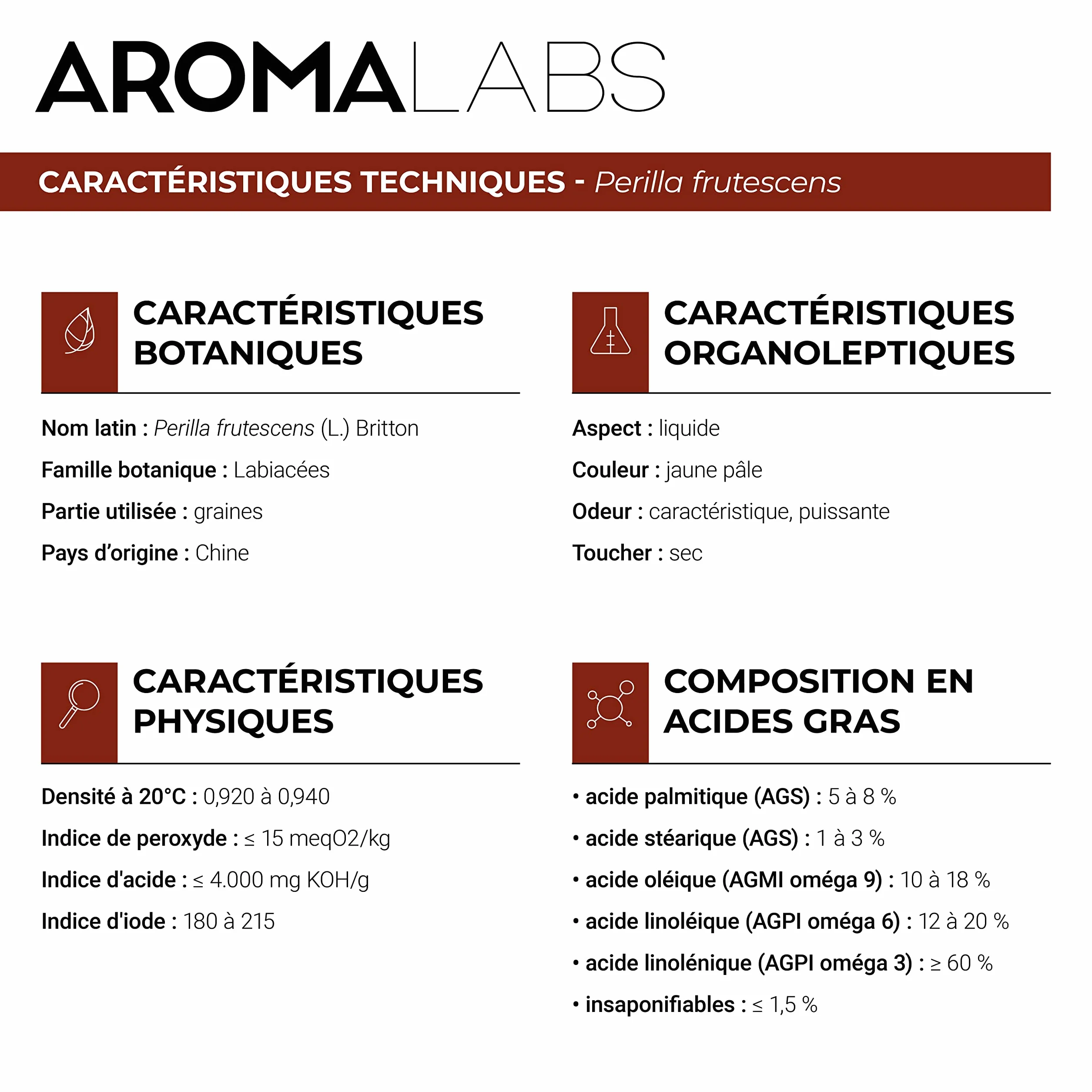 Périlla BIO (Perilla frutescens) - 250 mL - Huile Végétale Vierge et Certifiée Cosmos - Aroma Labs - Made in France