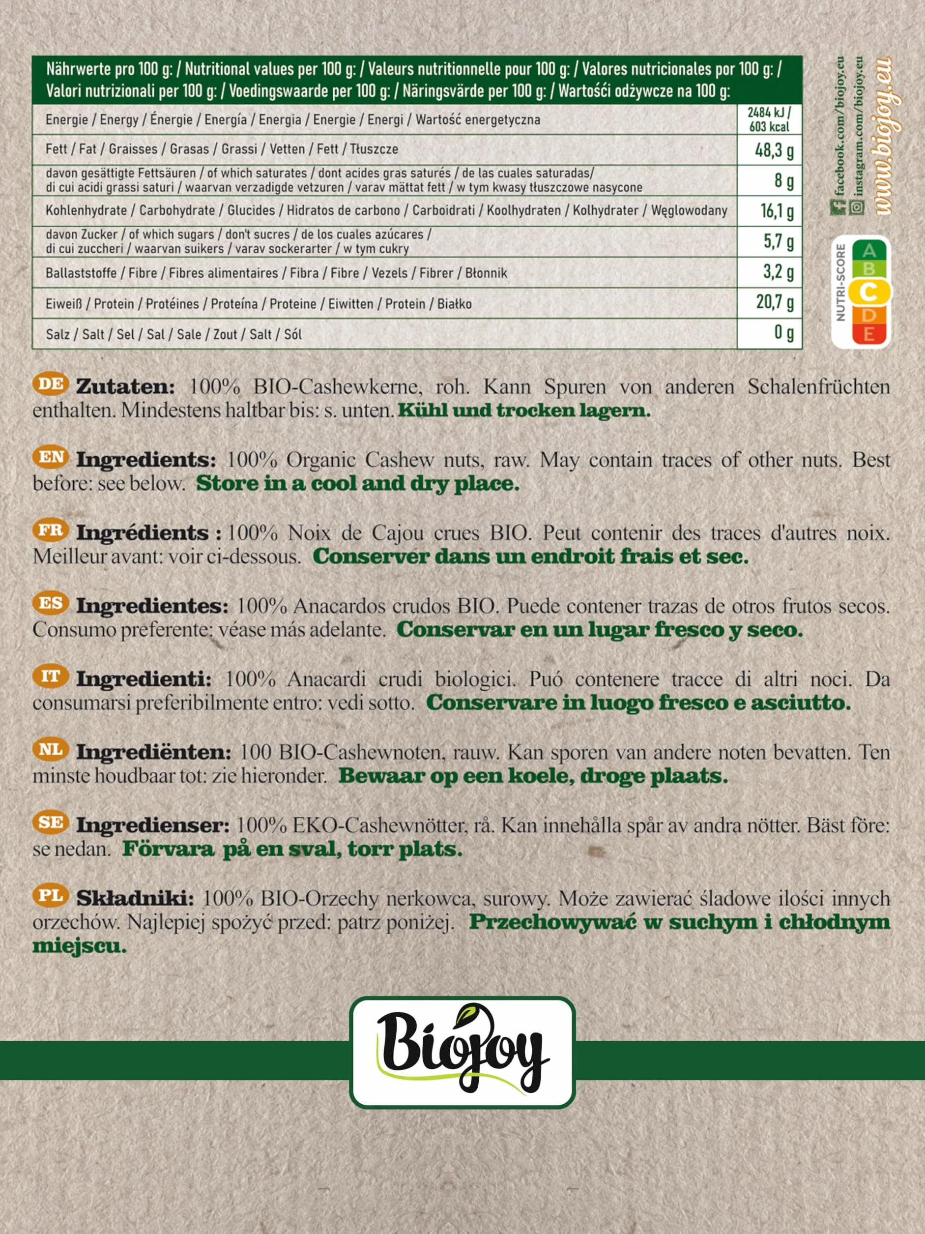 Biojoy Noix de cajou crues BIO (1 kg), entières et non salées
