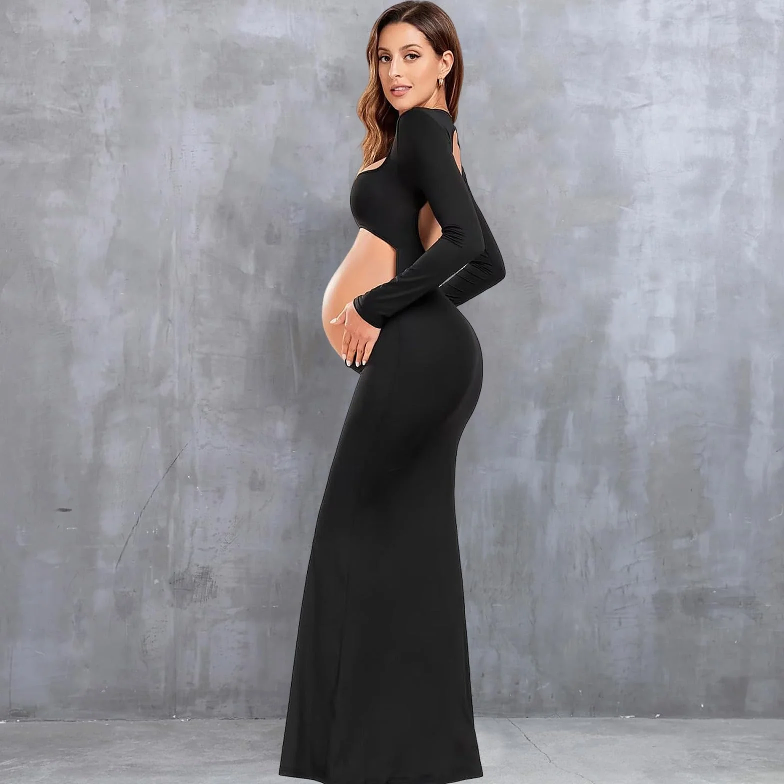 Robe de Maternité Manches Longues Robe Grossesse Photo Dos Nu Col Carré Découpe Sexy Robe Maxi Enceintes